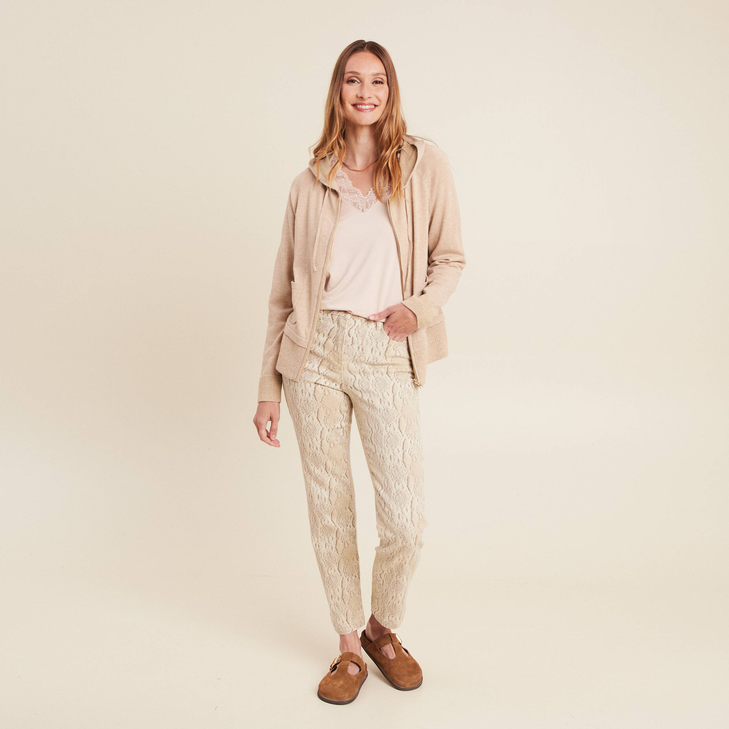 Pantalon 7/8ème taille haute beige femme