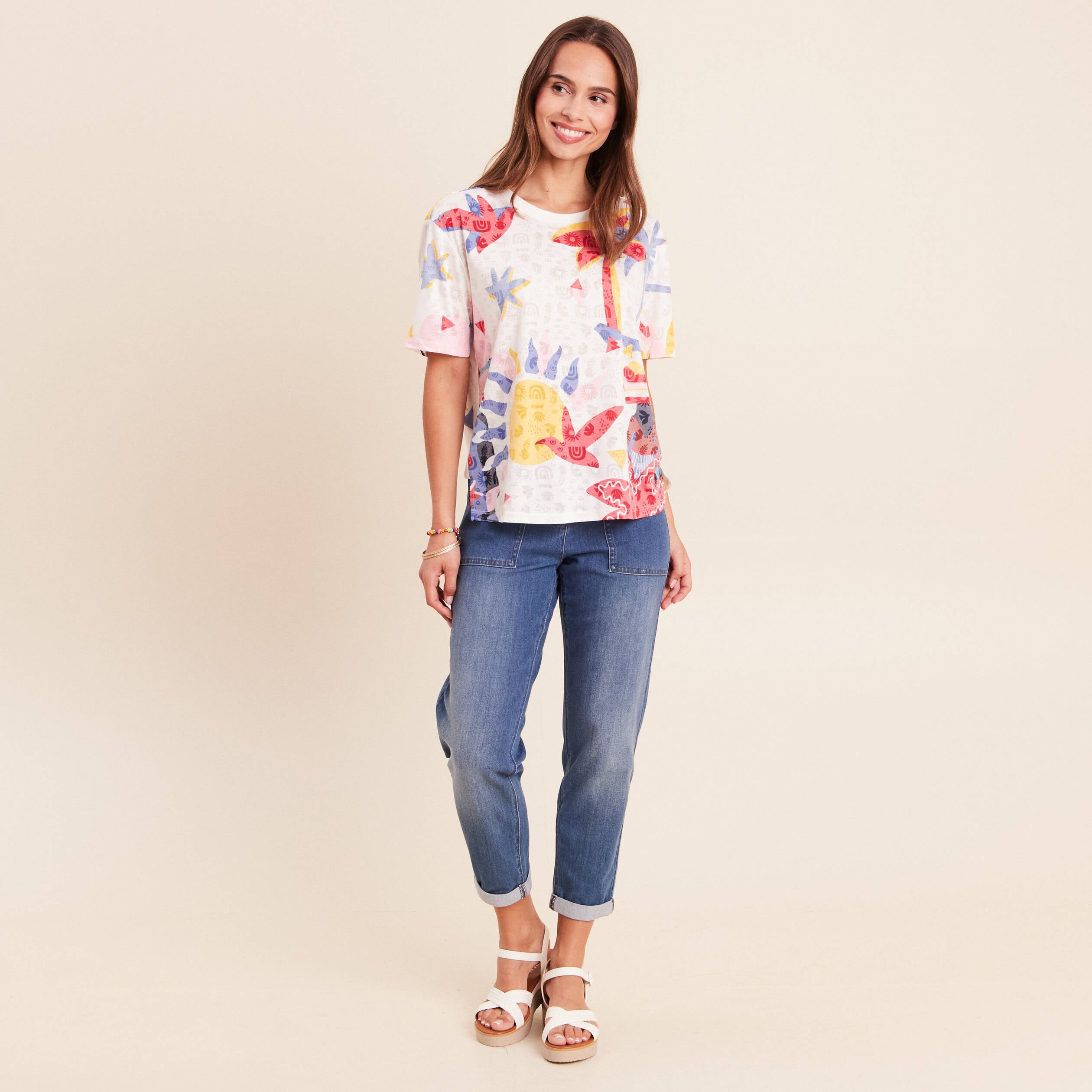 T-shirt ample col rond manches courtes blanc femme