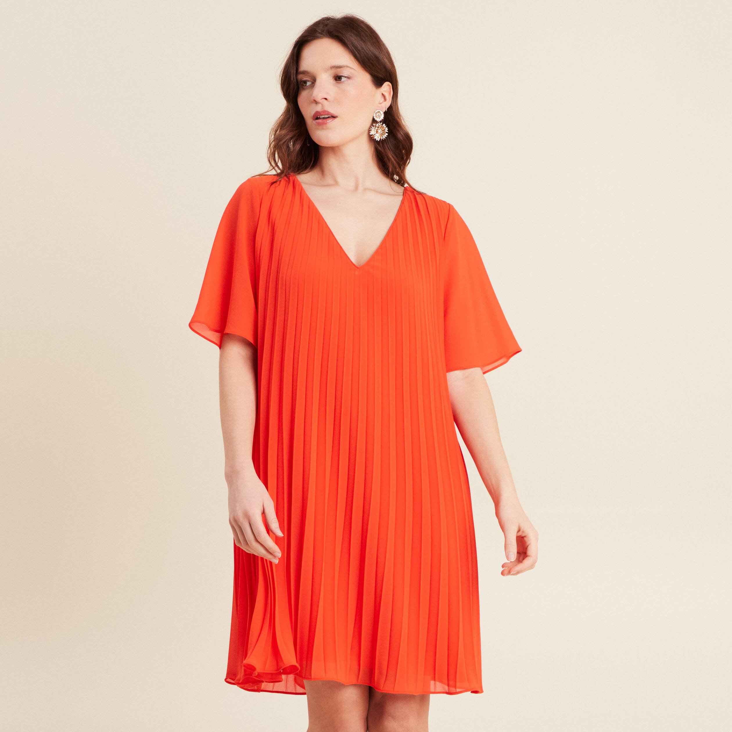 Robe droite plissée orange foncé femme