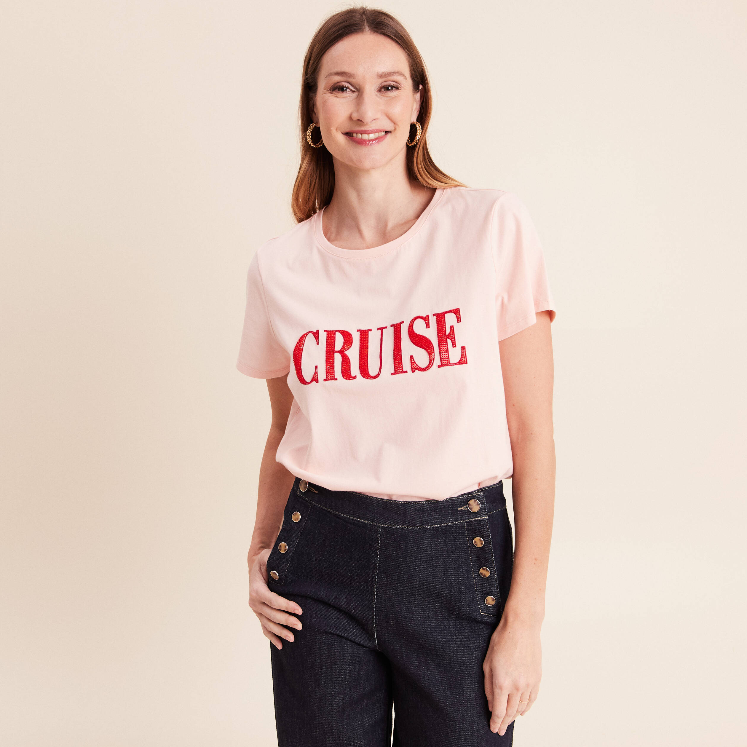 T-shirt col rond manches courtes rose poudr&eacute;e femme