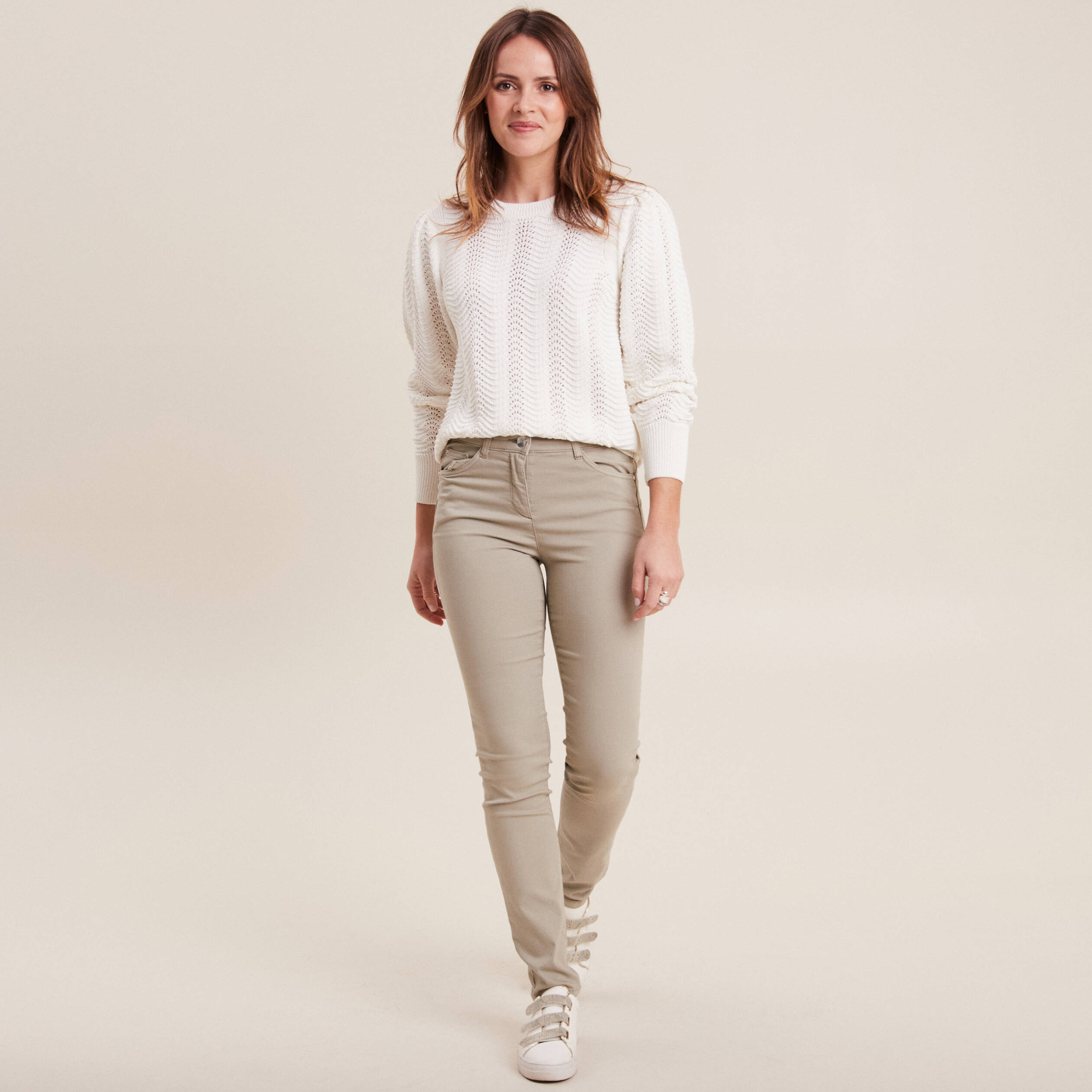 Pull manches longues col rond ecru femme