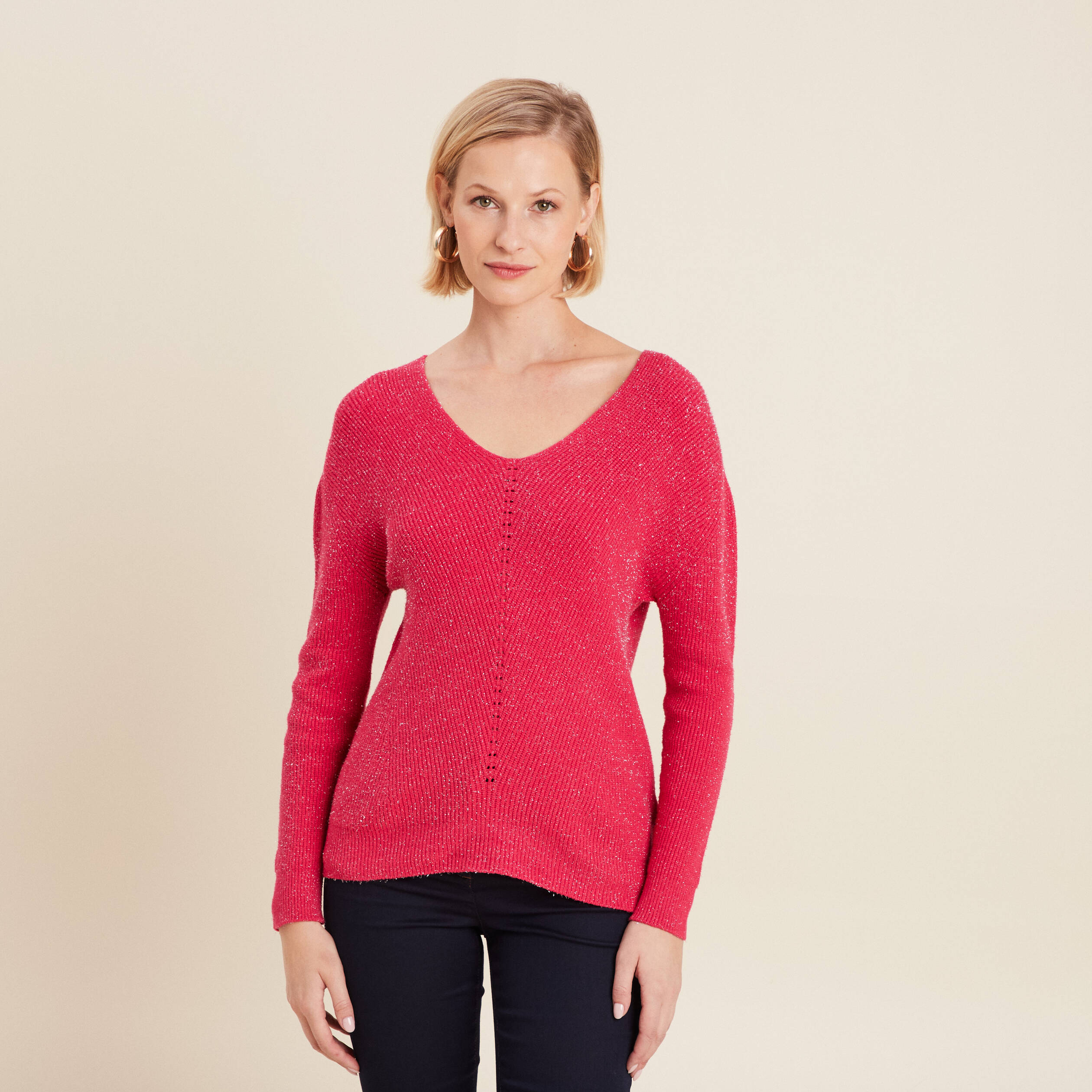 Pull manches longues rose framboise femme