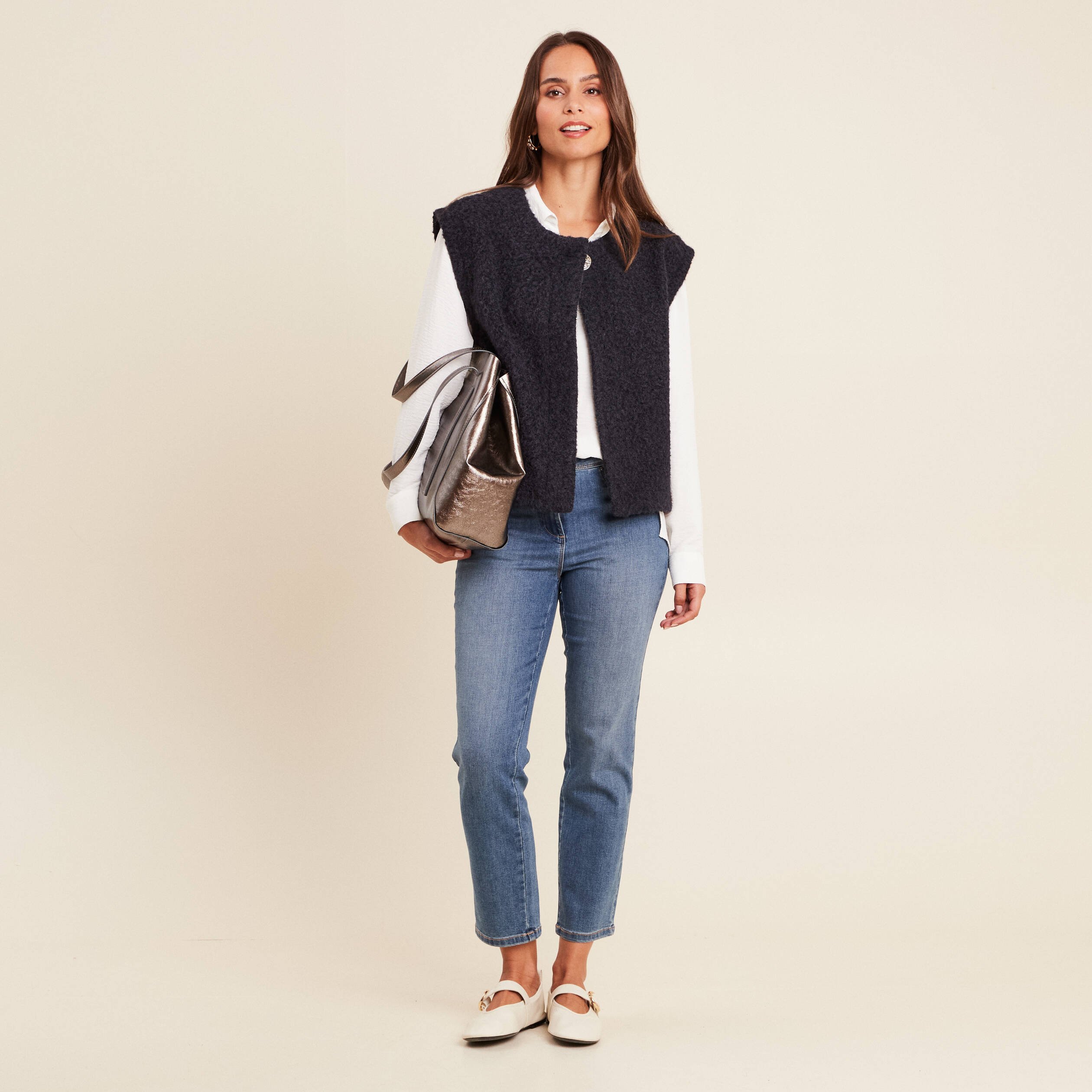 gilet ample sans manches bleu fonce femme Gilet ample sans manches bleu foncé femme