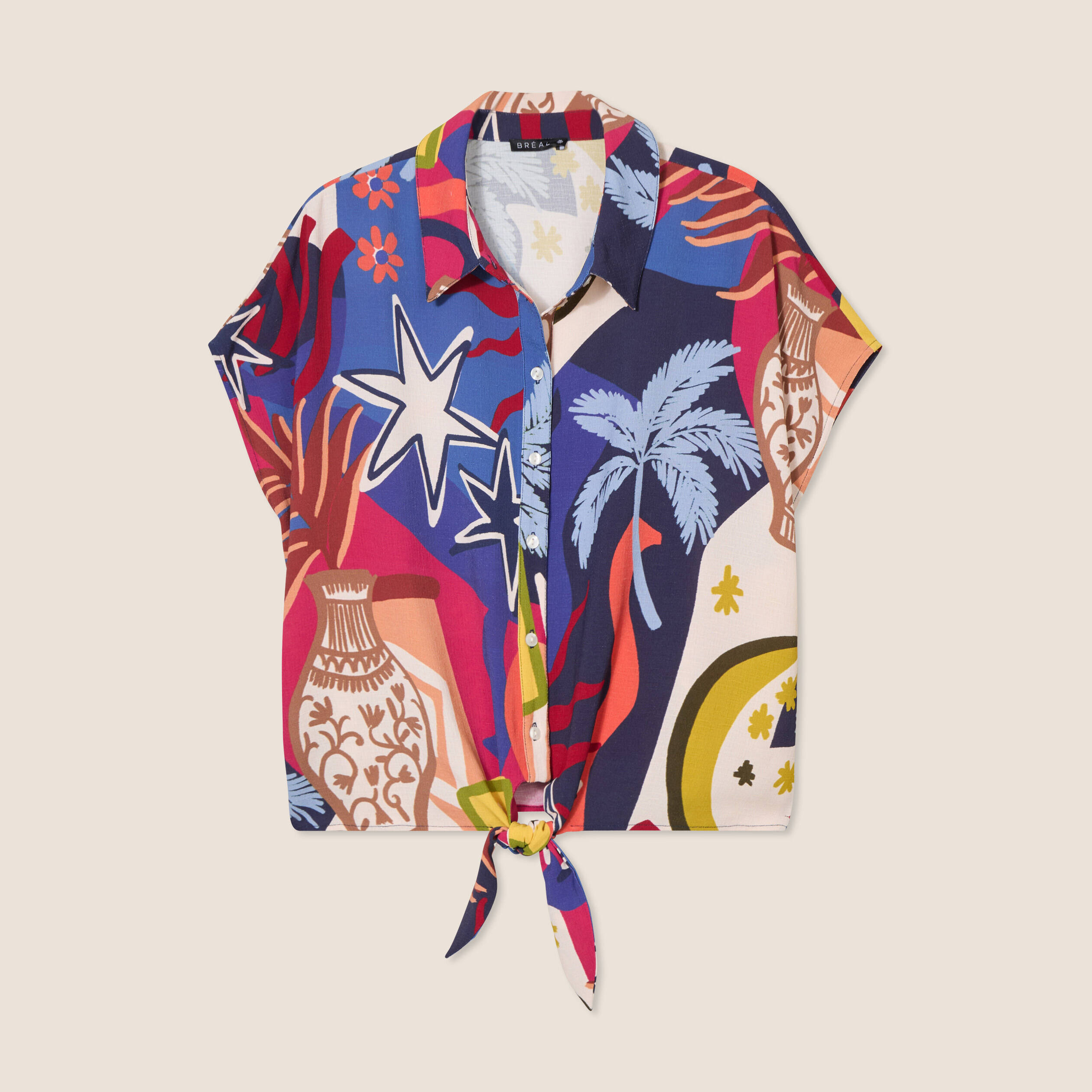 Chemise manches courtes nouée bleu femme