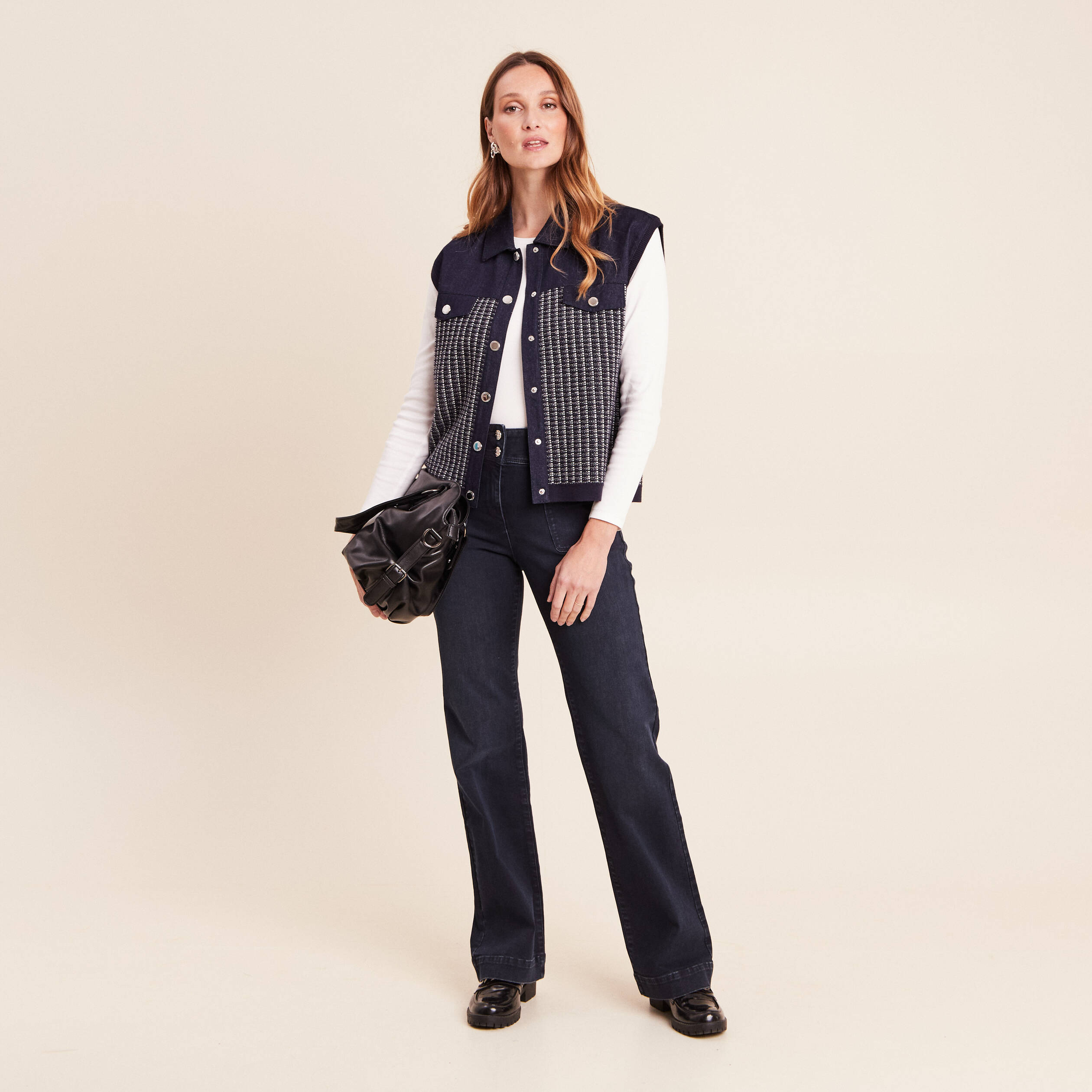 Veste sans manches col chemise bleu marine femme