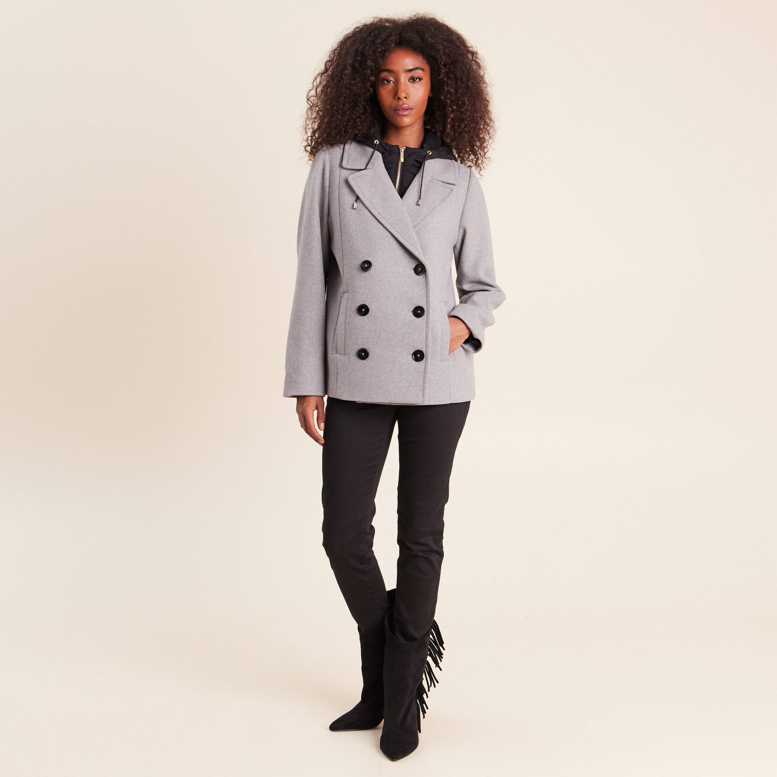 Caban doubl&eacute; avec capuche gris clair femme