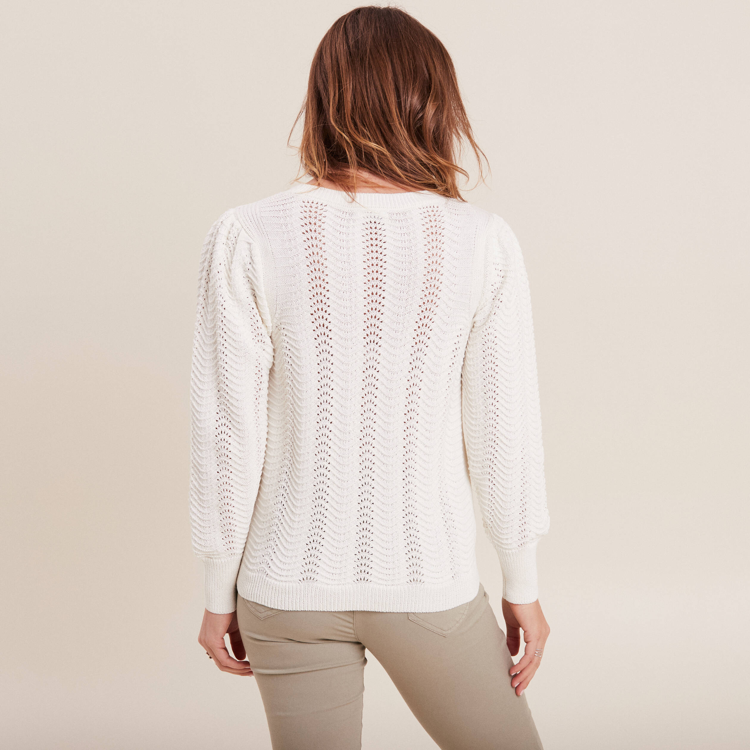Pull manches longues col rond ecru femme