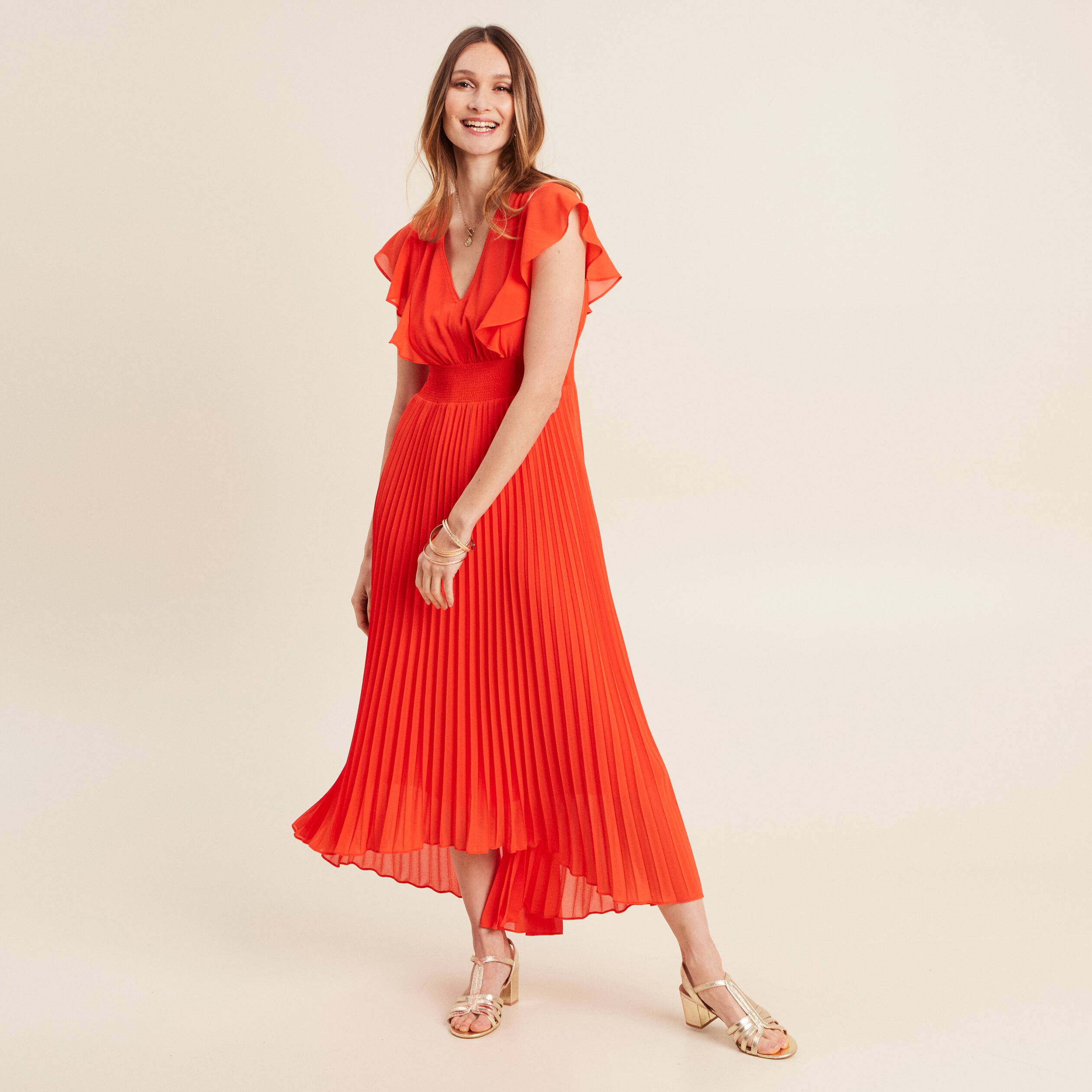 Robe longue évasée à volants orange foncé femme