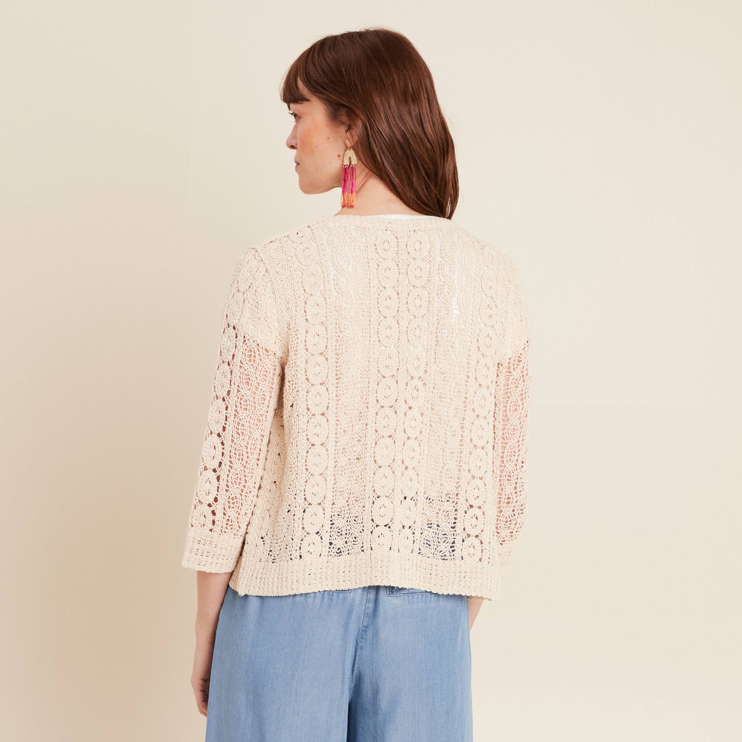 Gilet manches 3/4 ajouré ecru femme