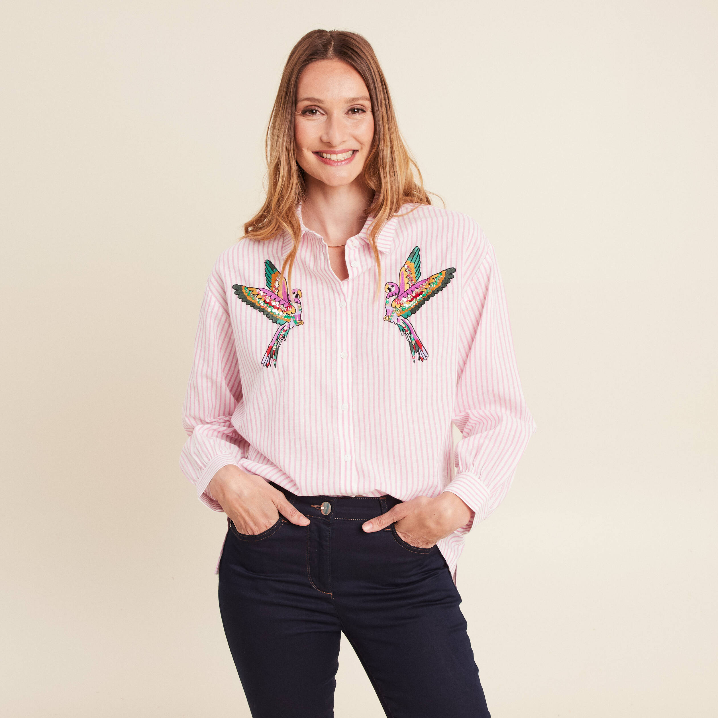 chemise droite mi longue en coton rose femme Chemise droite mi-longue en coton rose femme