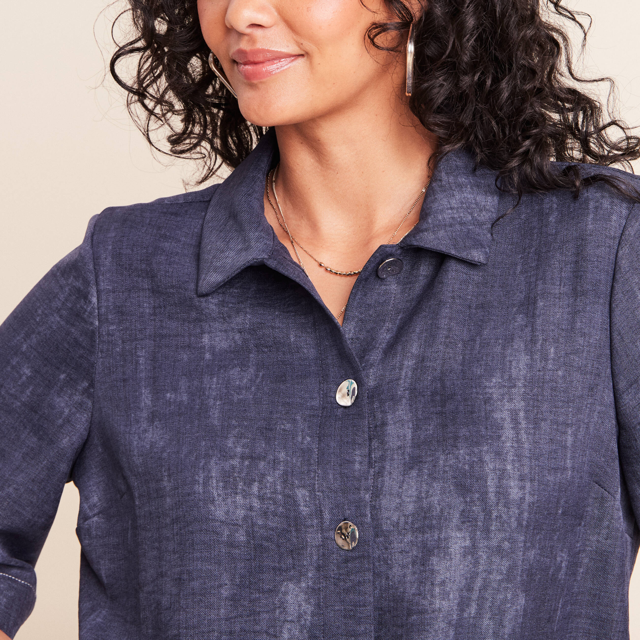 Chemise col chemise manches 3/4 bleu femme