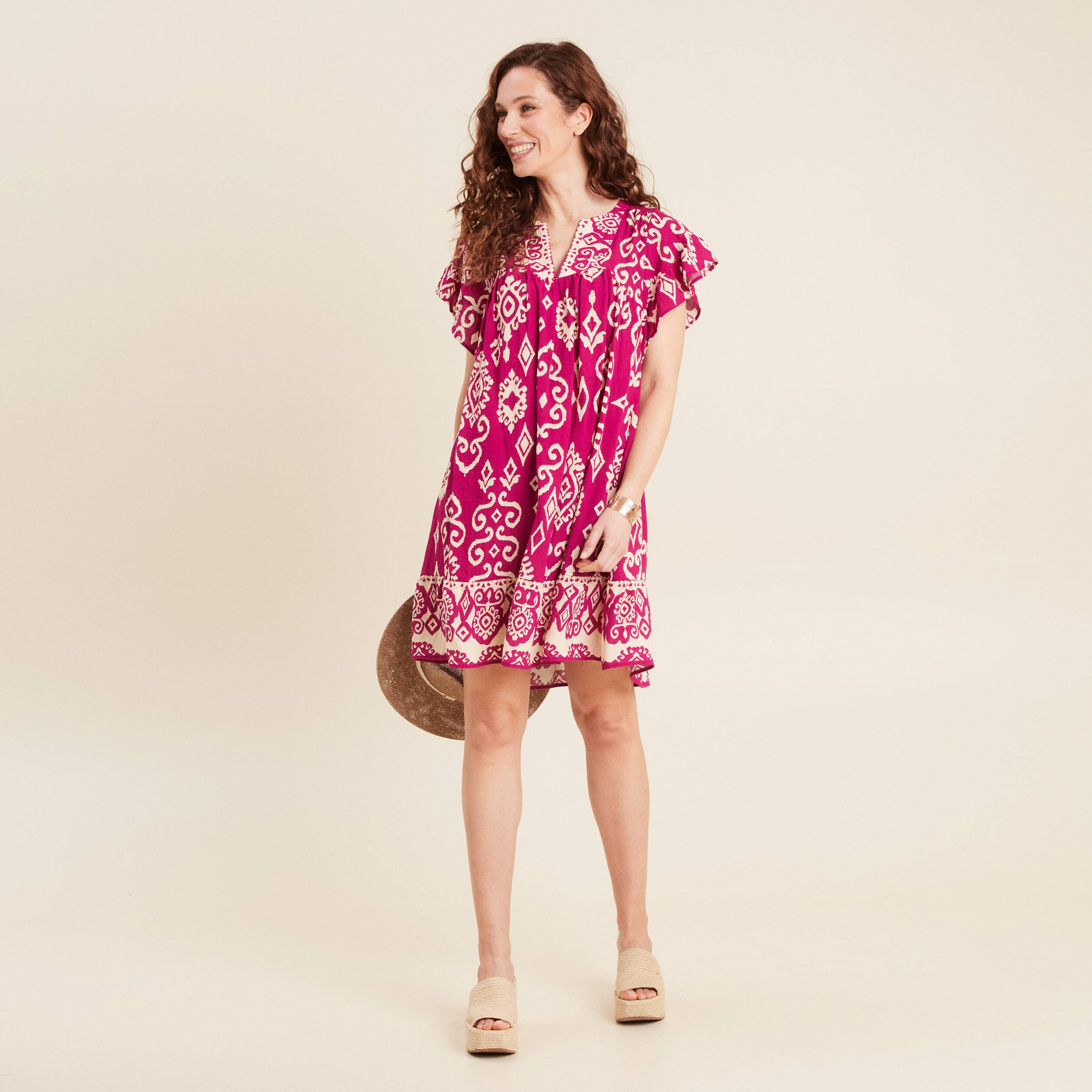 Robe évasée fluide rose fushia femme