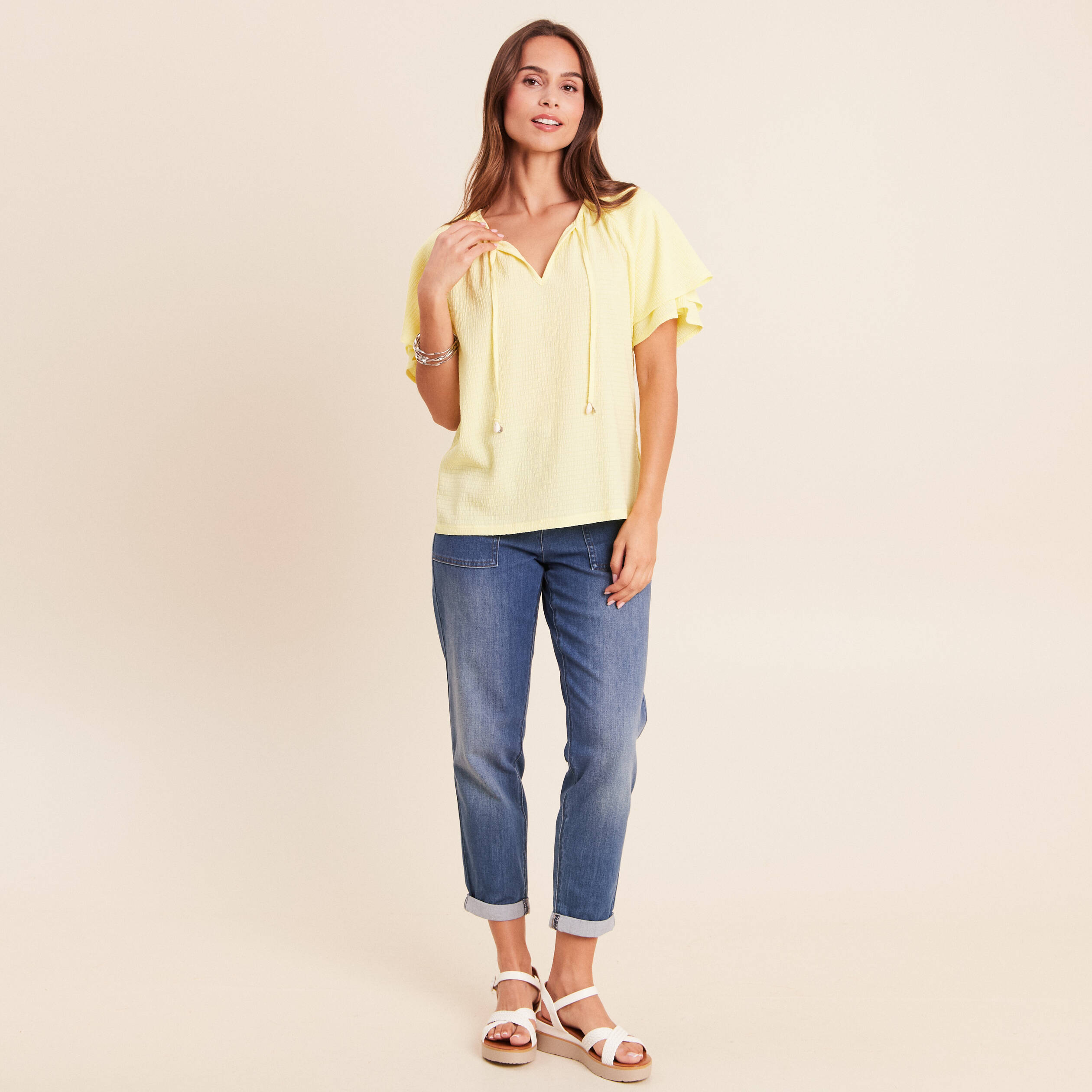 Blouse col v manches coudes jaune pastel femme