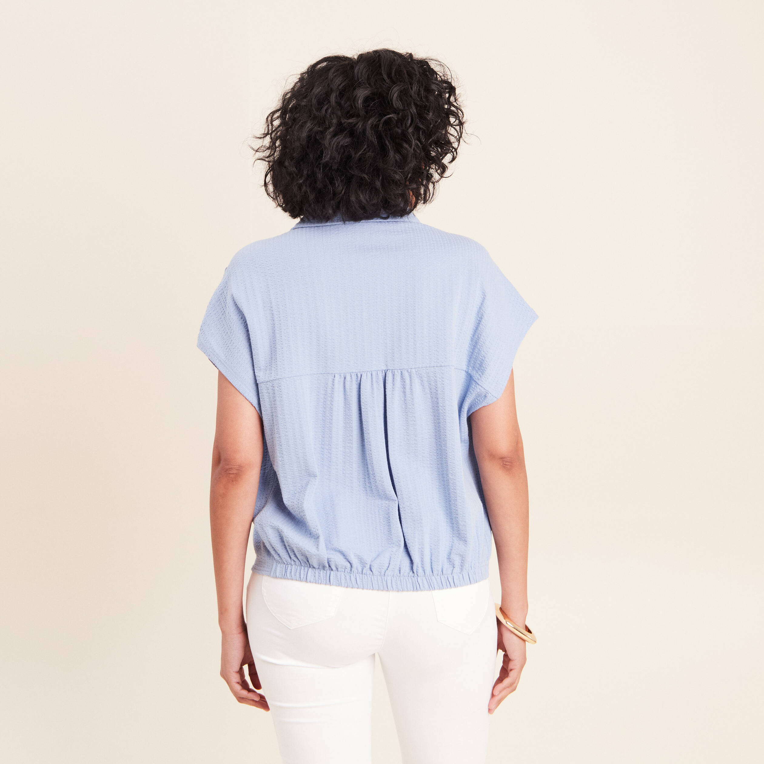 Blouse ample cropped col am&eacute;ricain bleu gris femme