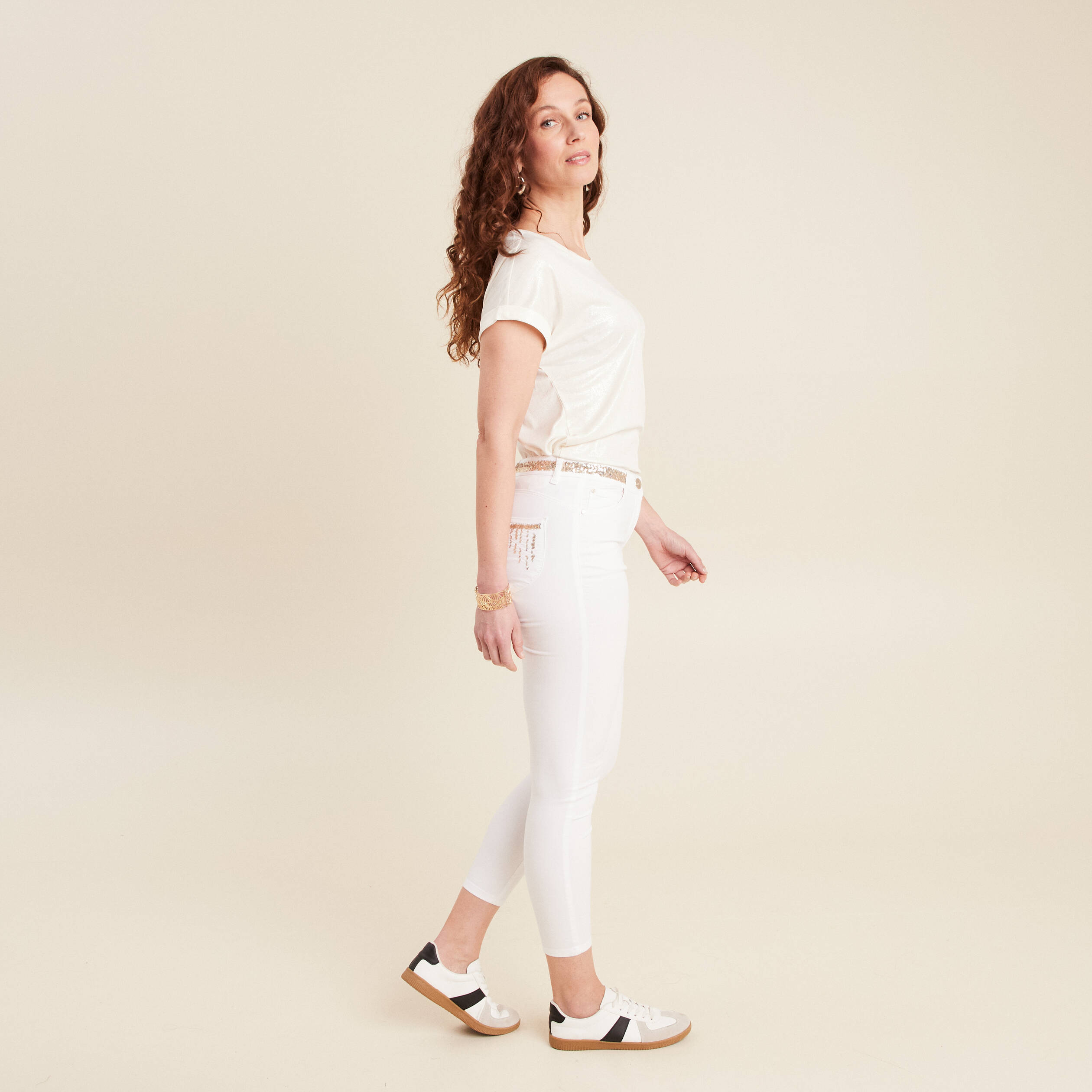 Pantalon ajusté sequins blanc femme