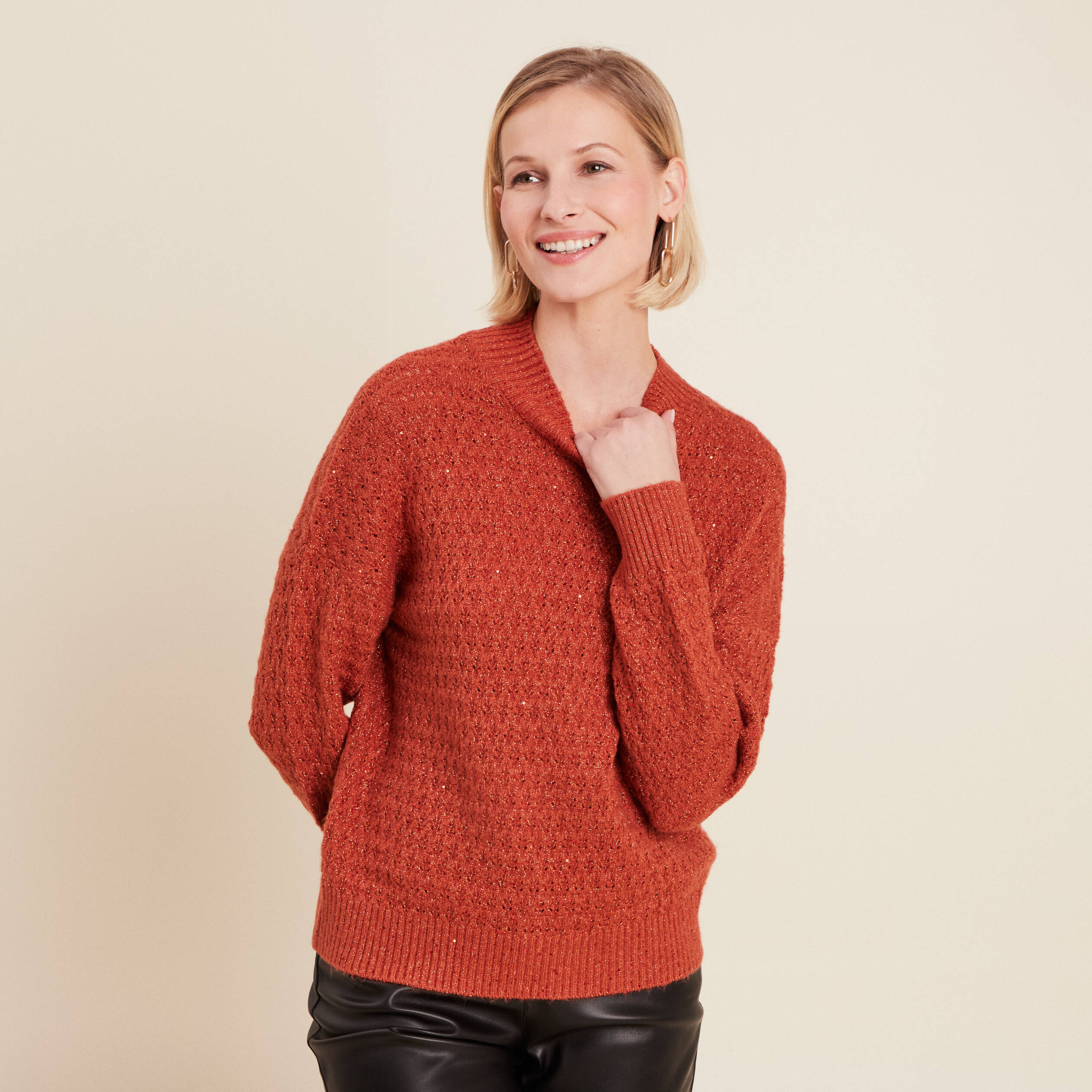 Pull manches longues sequins vieux rose femme