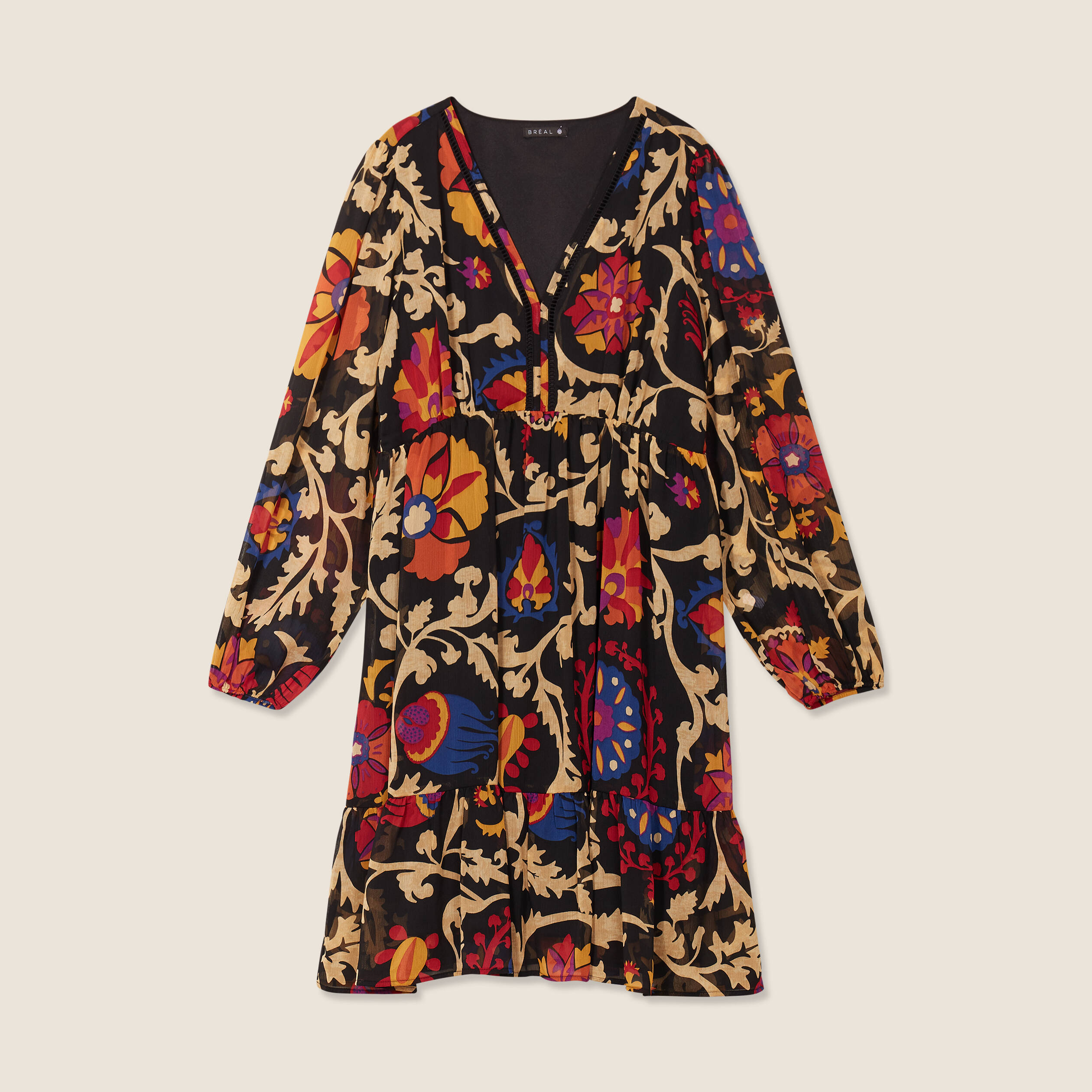 Robe évasée manches longues noir femme