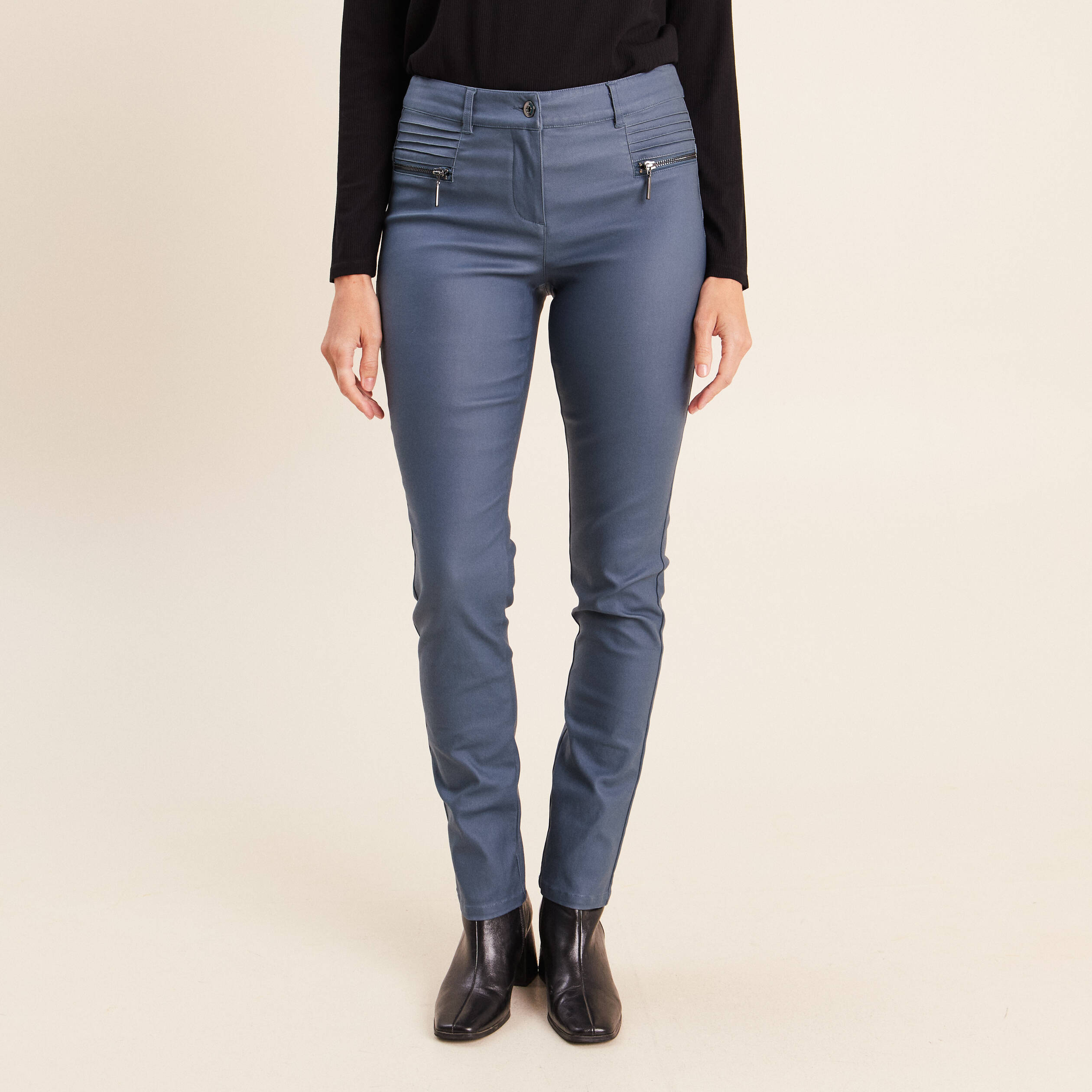 Pantalon enduit ajust&eacute; taille bascul&eacute;e bleu fonc&eacute; femme