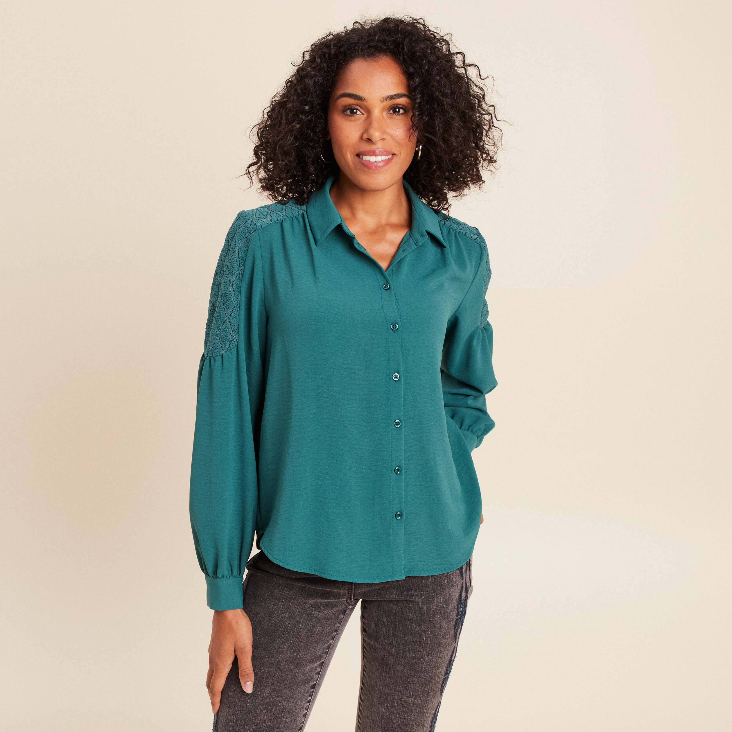 Blouse Manches Longues Caroll - Taille 38 - Gris-vert Velours - Occasion Très Bon état