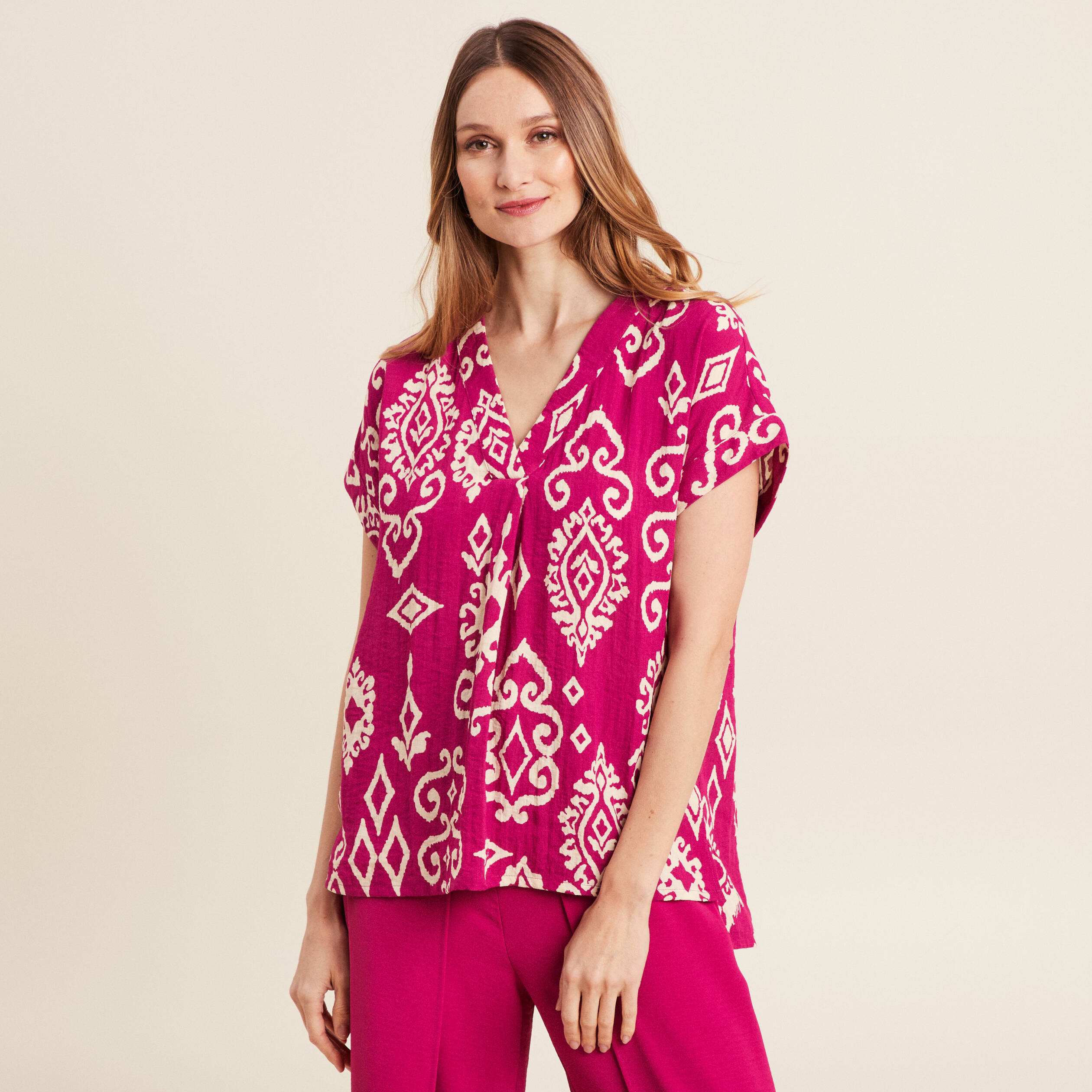 Blouse manches courtes rose fushia femme