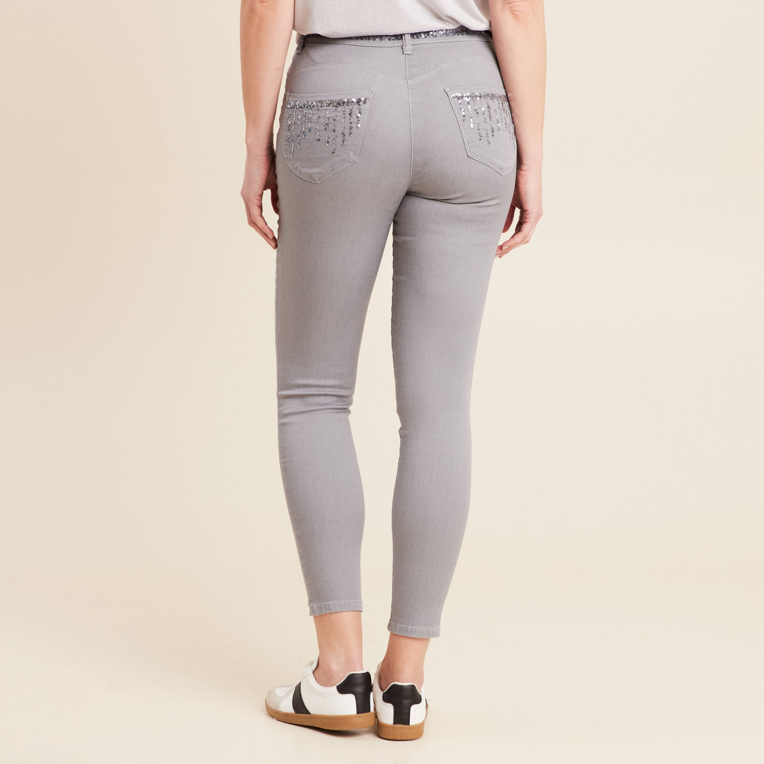 Pantalon ajusté sequins denim gris clair femme