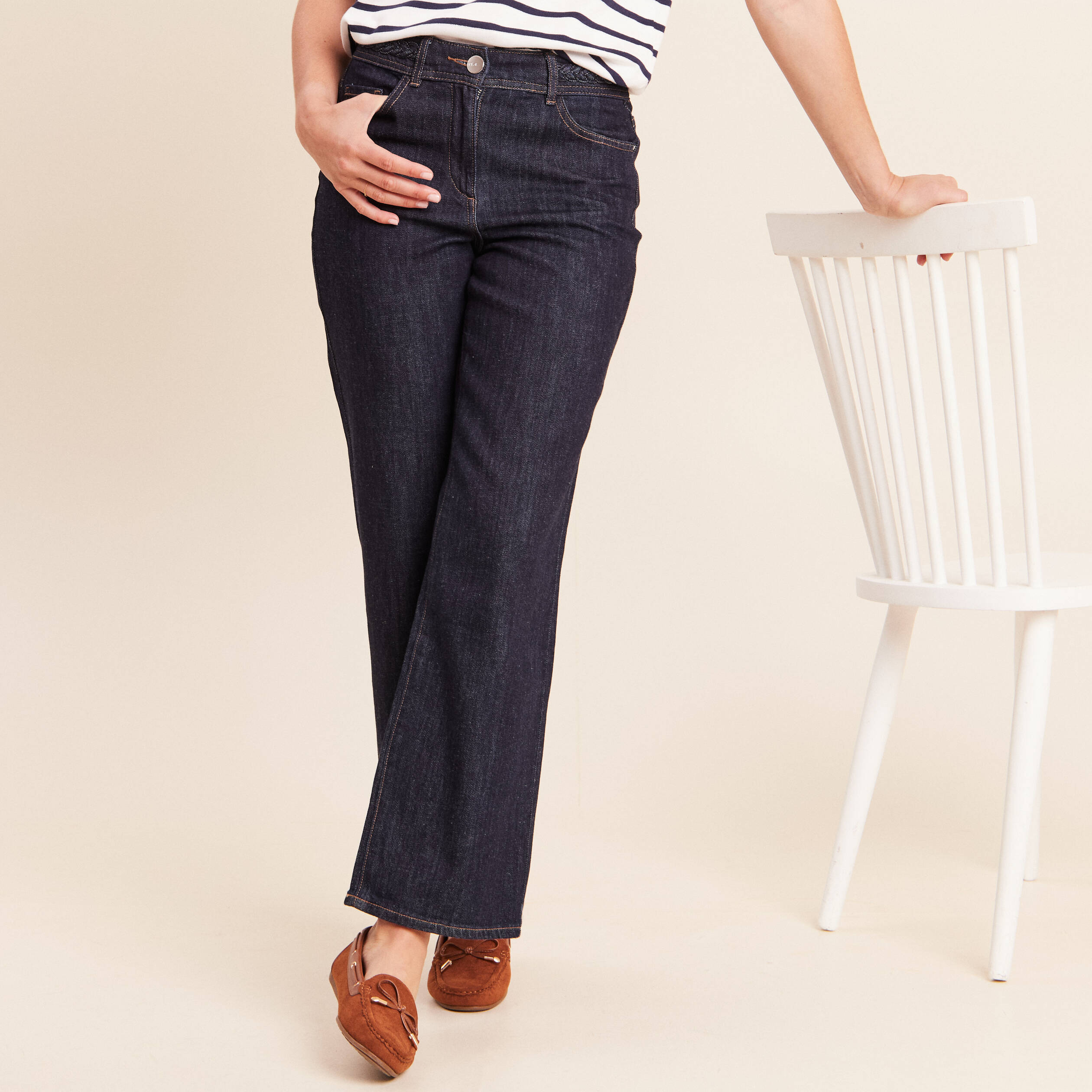 Jean coupe large 7/8&egrave;me taille haute denim brut femme