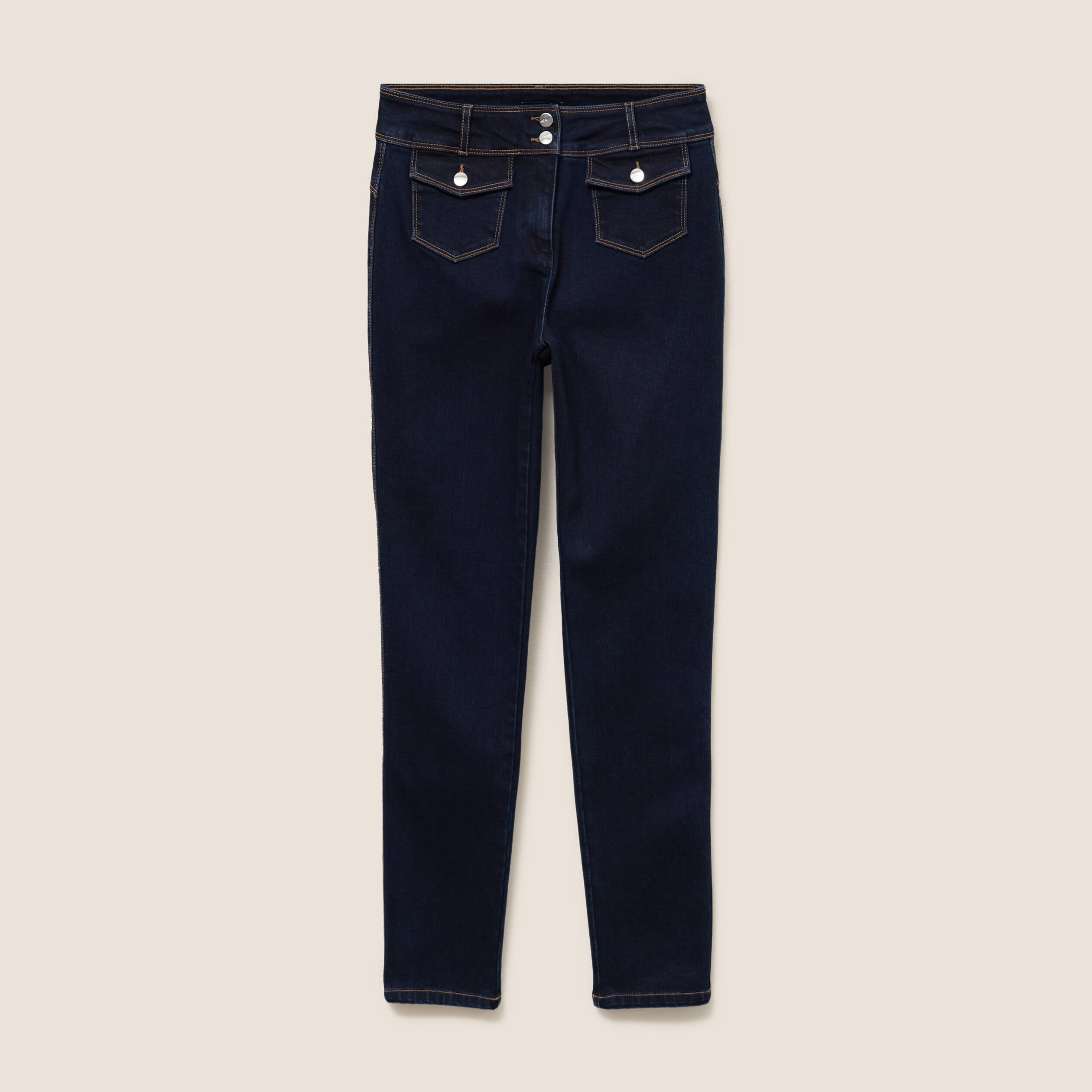 Jean ajust&eacute; taille haute longue denim brut femme