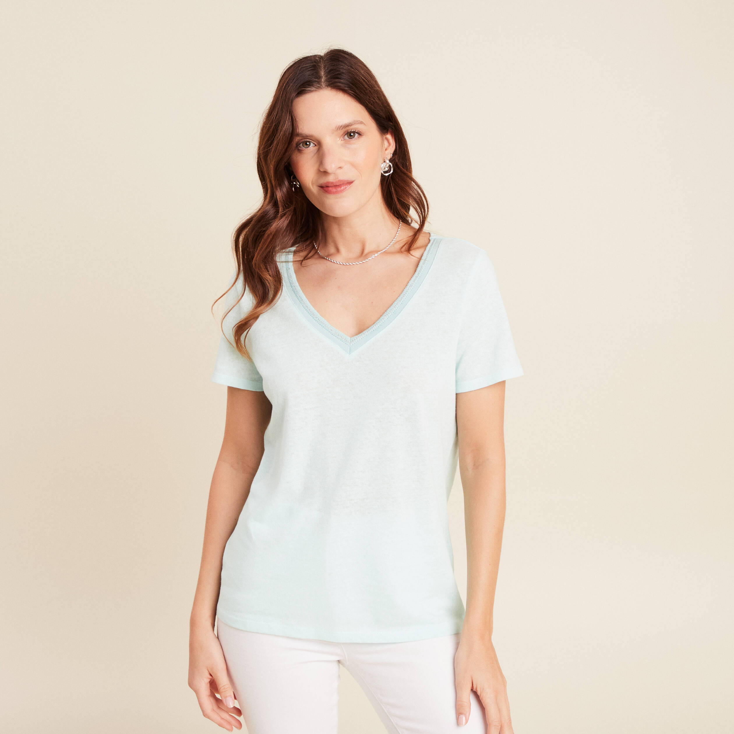 t shirt manches courtes col en v bleu turquoise femme T-shirt manches courtes col en V bleu turquoise femme