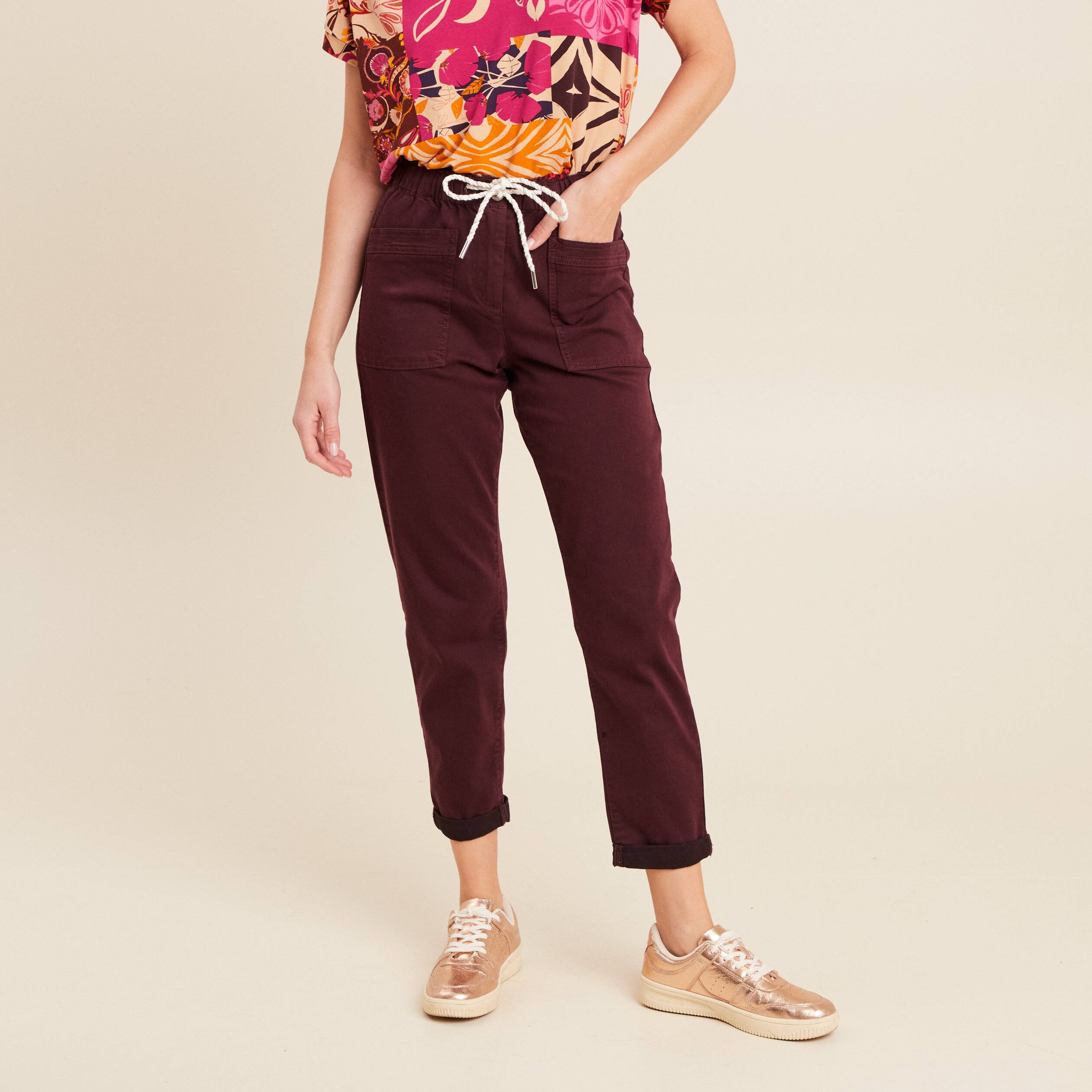 Pantalon coupe droite à coulisse bordeaux femme