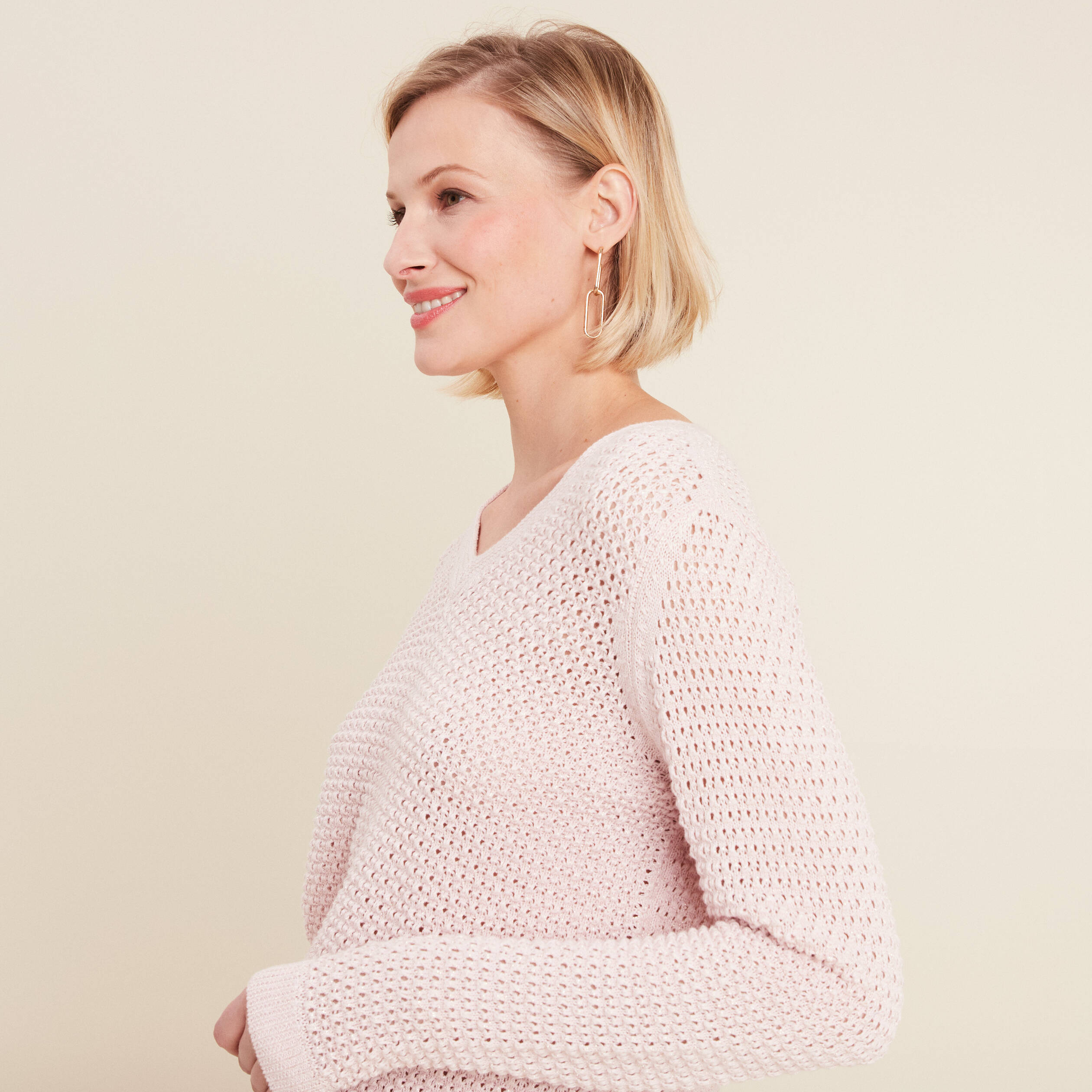 pull manches longues col en v rose clair femme Pull manches longues col en V rose clair femme