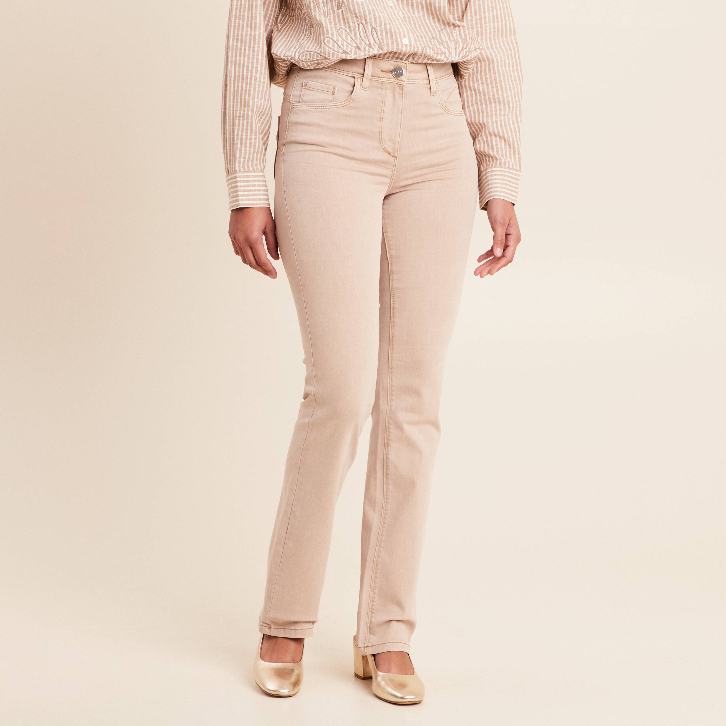 Jean coupe droite taille haute denim beige femme