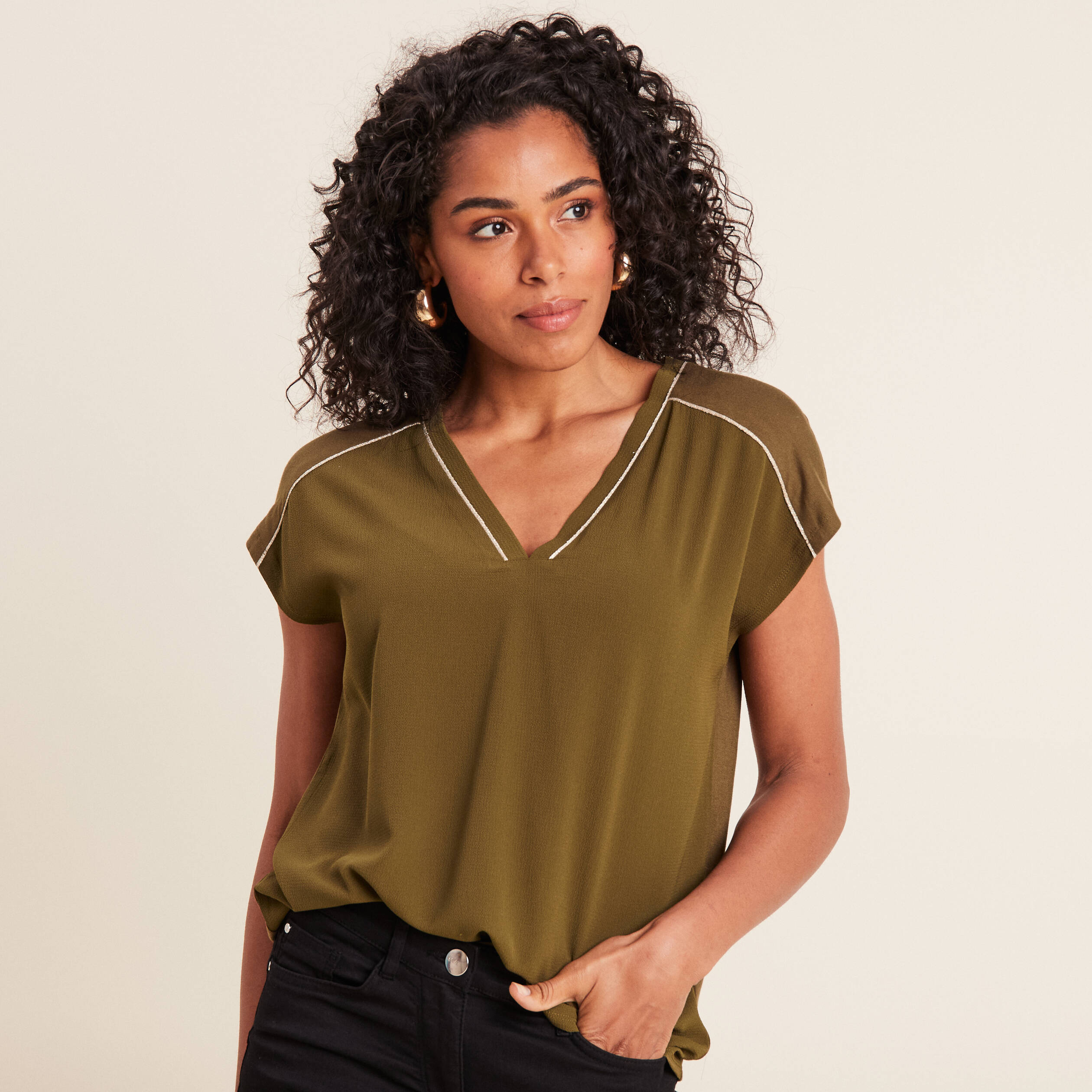 T-shirt manches courtes vert olive femme