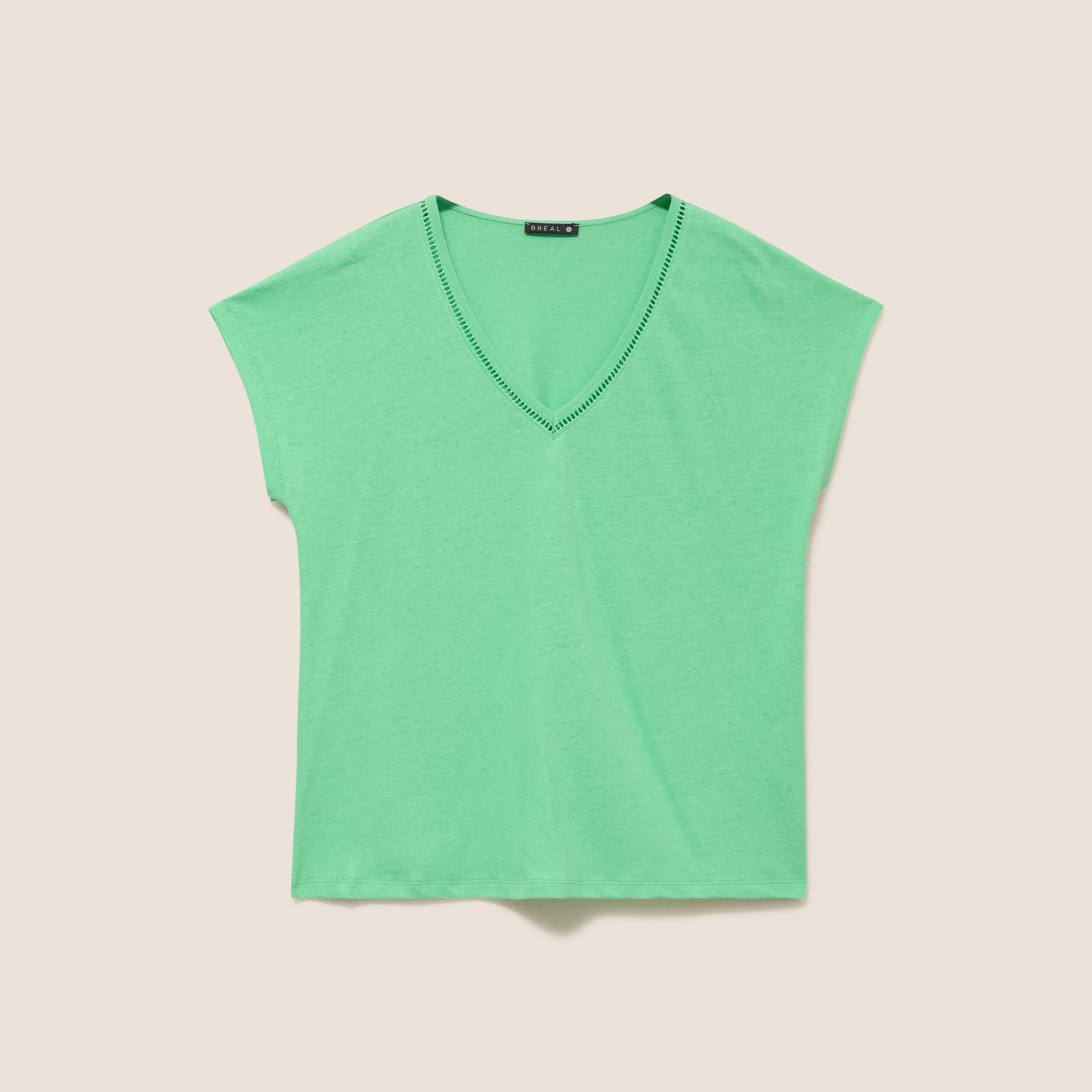 T-shirt col v manches courtes aspect lin vert fluo femme