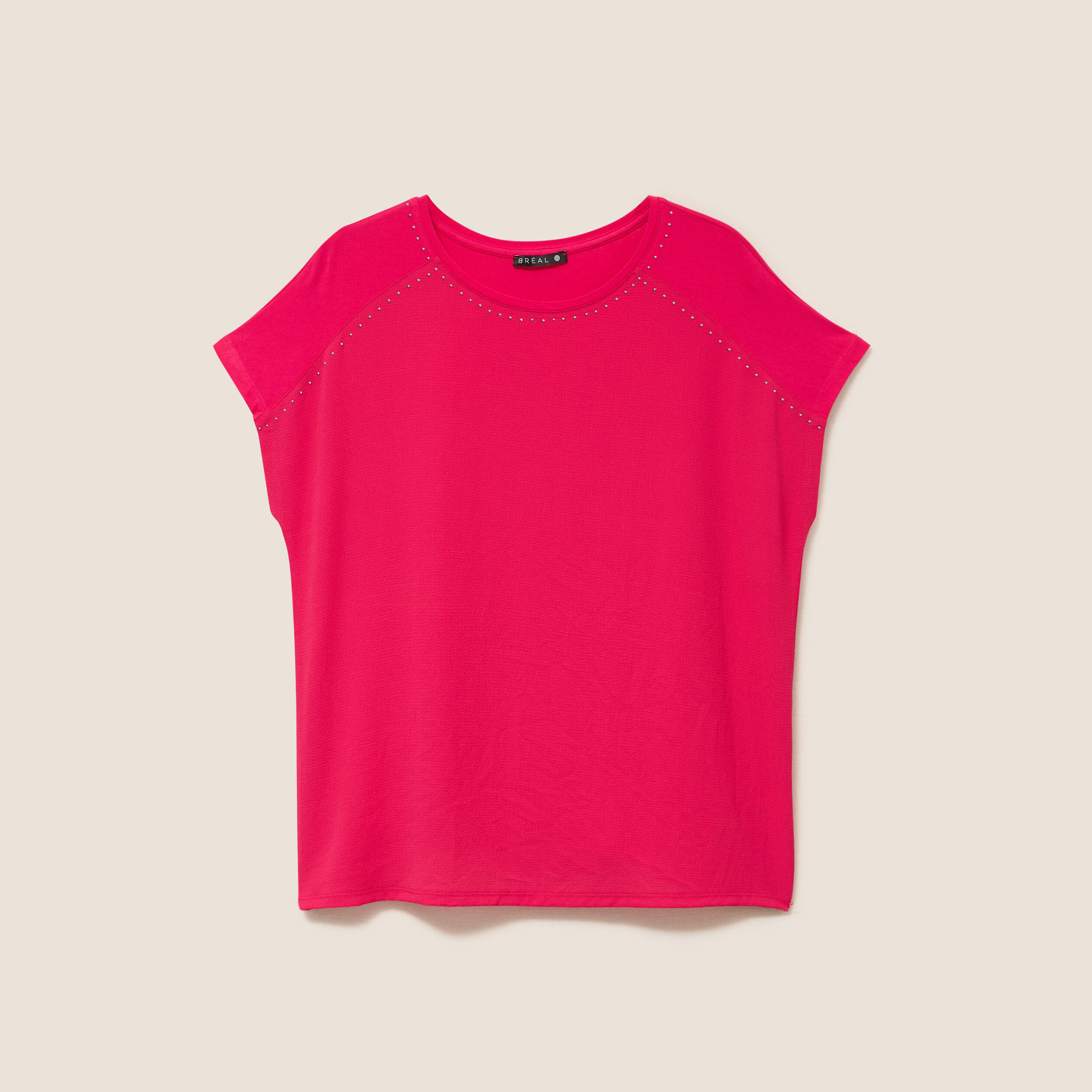 T-shirt bi-mati&egrave;re manches courtes rose fushia femme