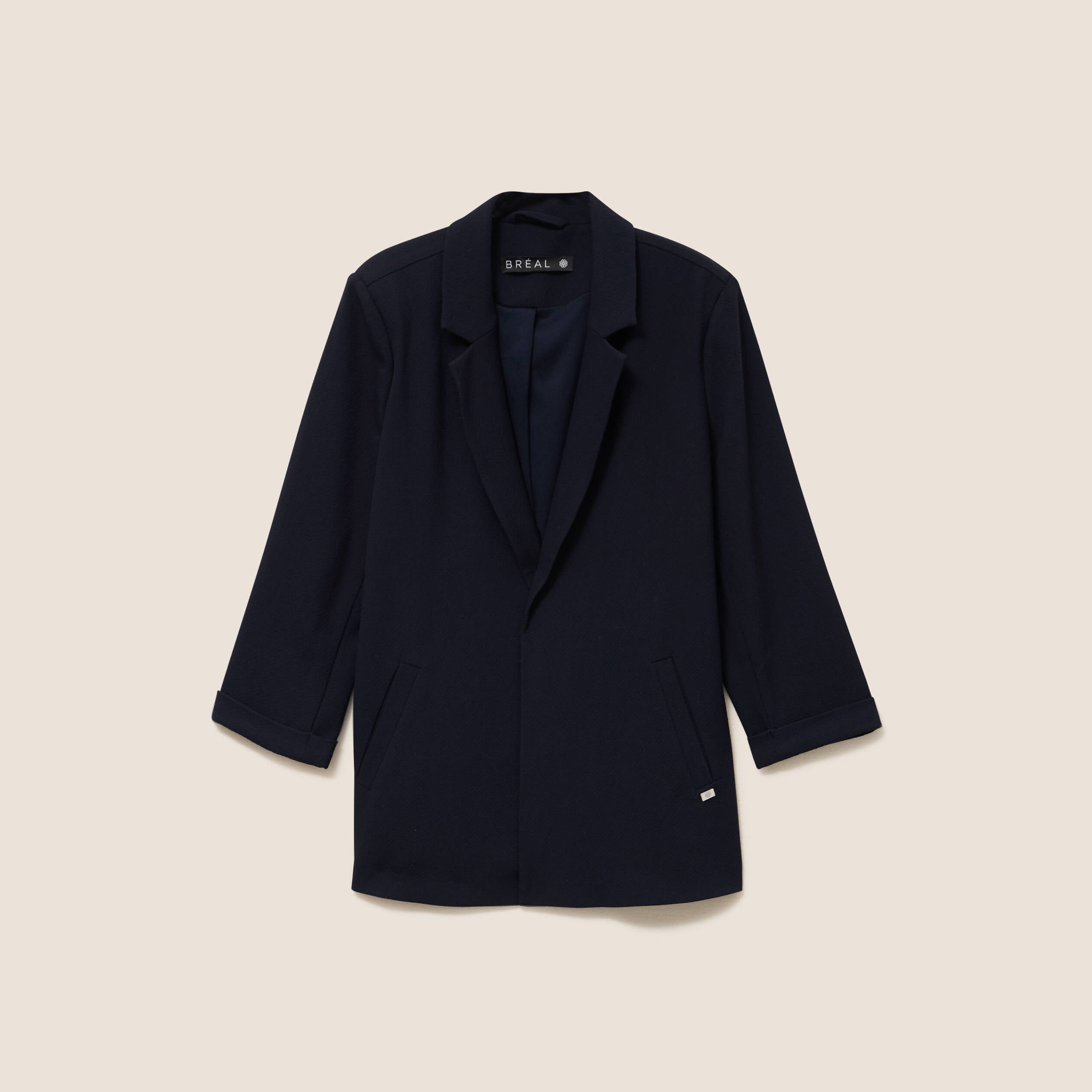 Veste longue droite col tailleur bleu fonc&eacute; femme