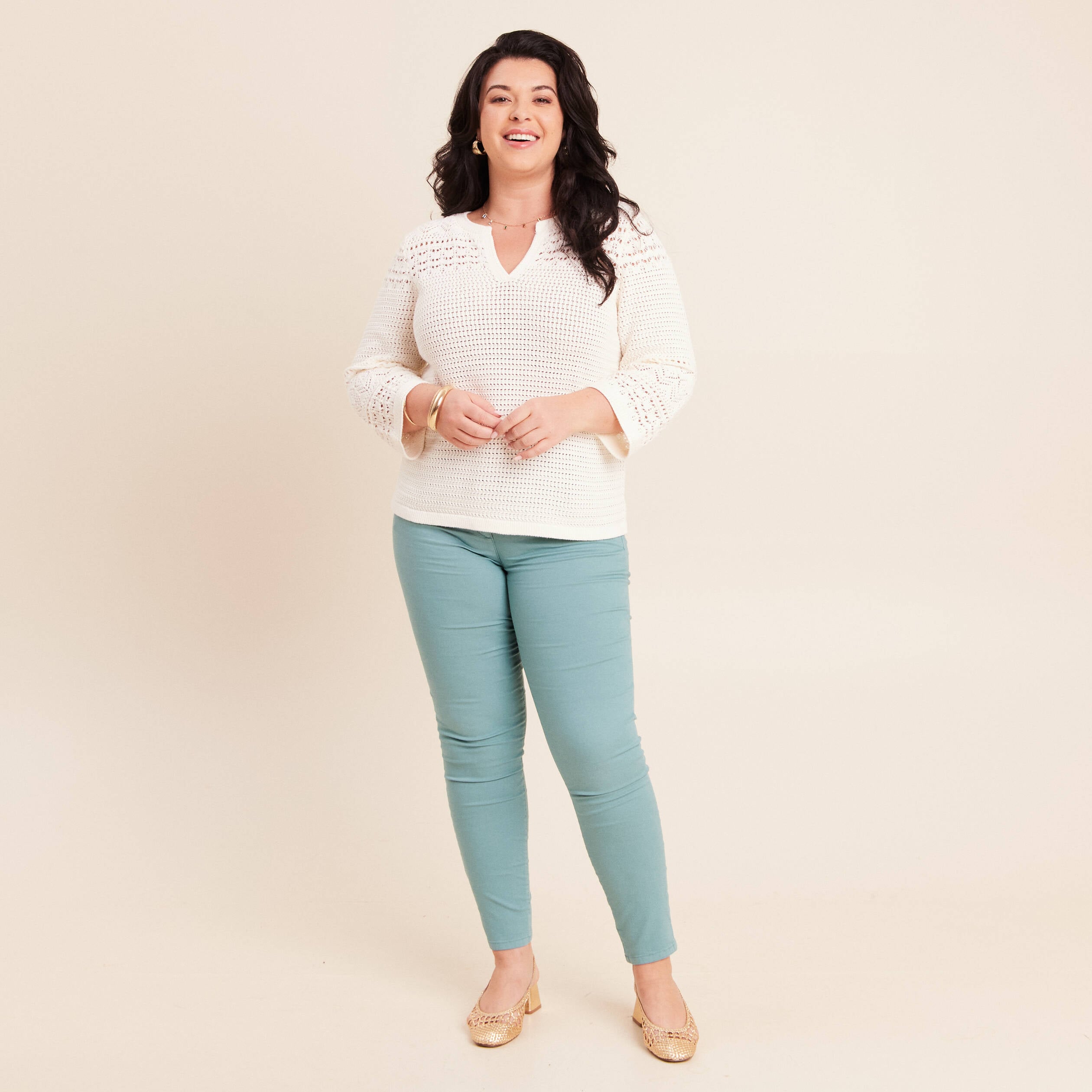 Pull col tunisien manches 3/4 ecru femme