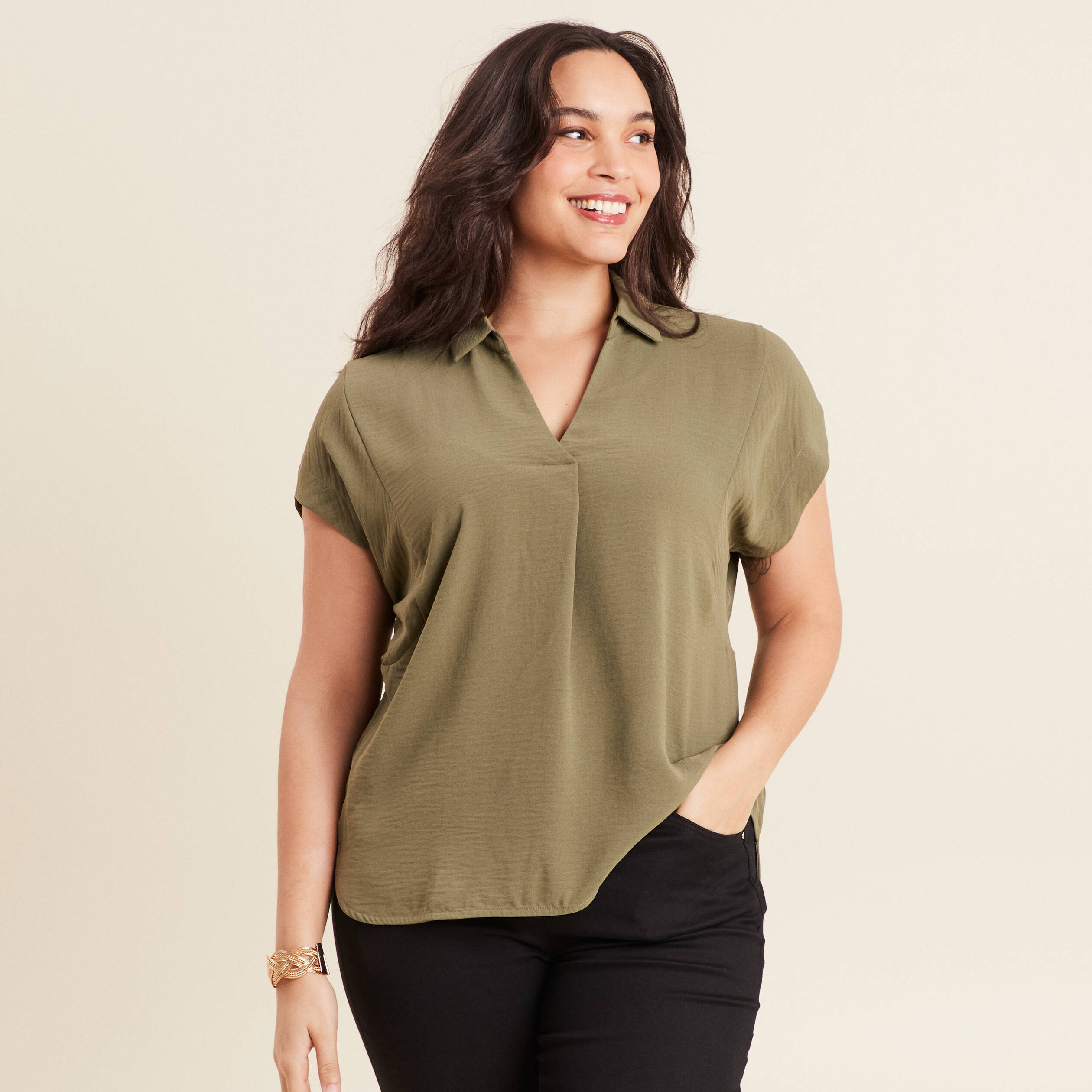 Blouse manches courtes vert kaki femme