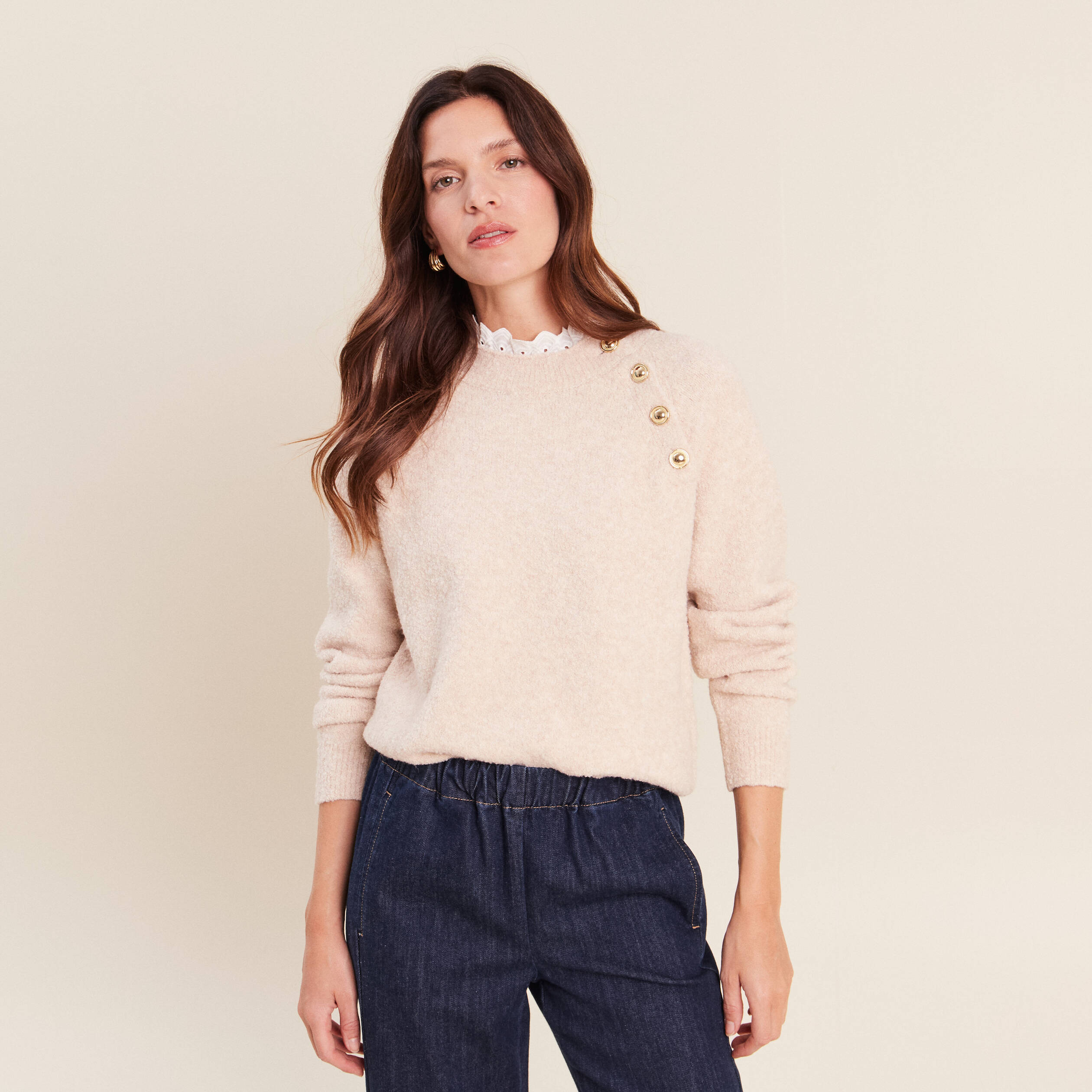 Pull bi-mati&egrave;re col montant ecru femme