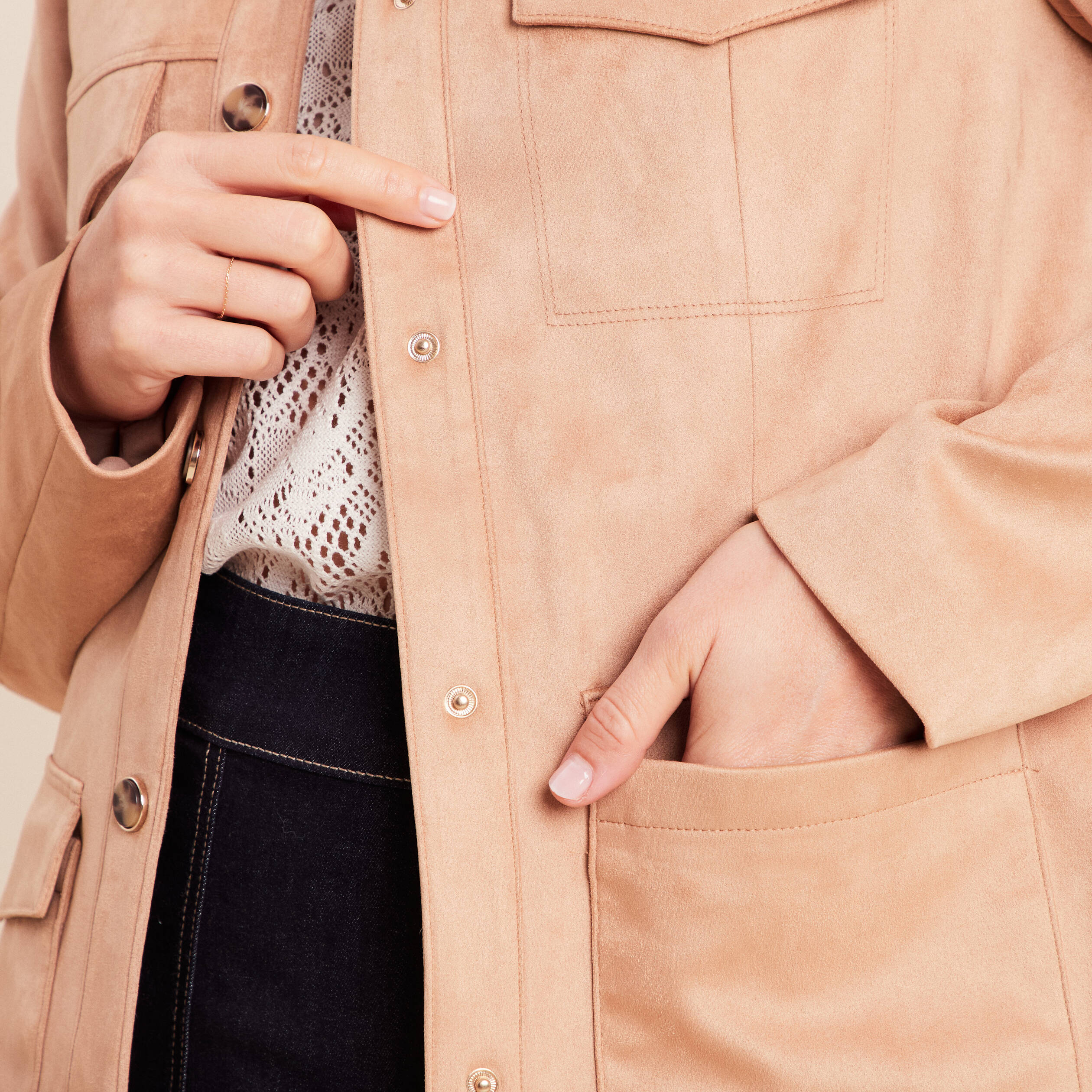 Veste droite longue aspect daim marron clair femme
