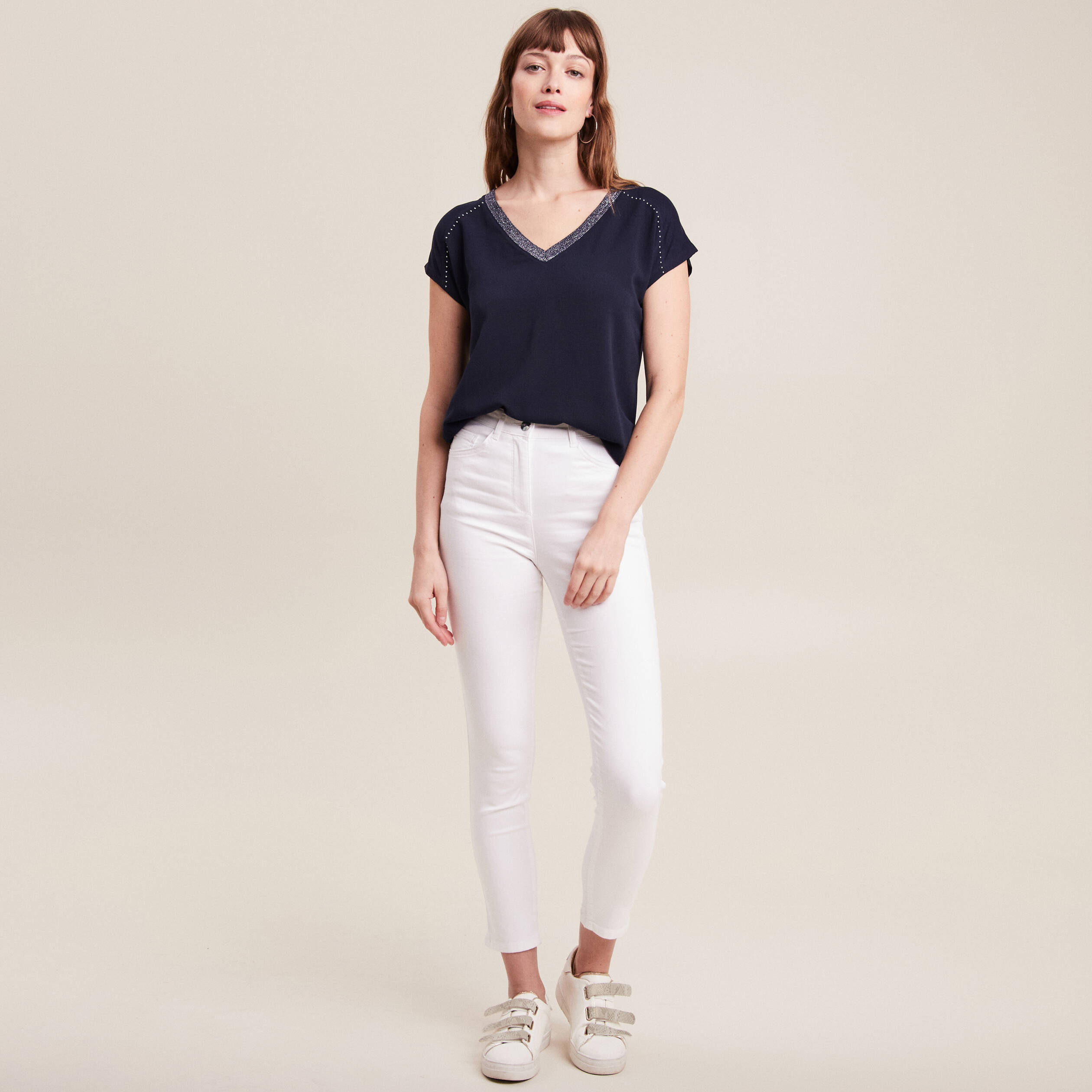 Pantalon leger taille haute 7 8eme blanc femme Breal