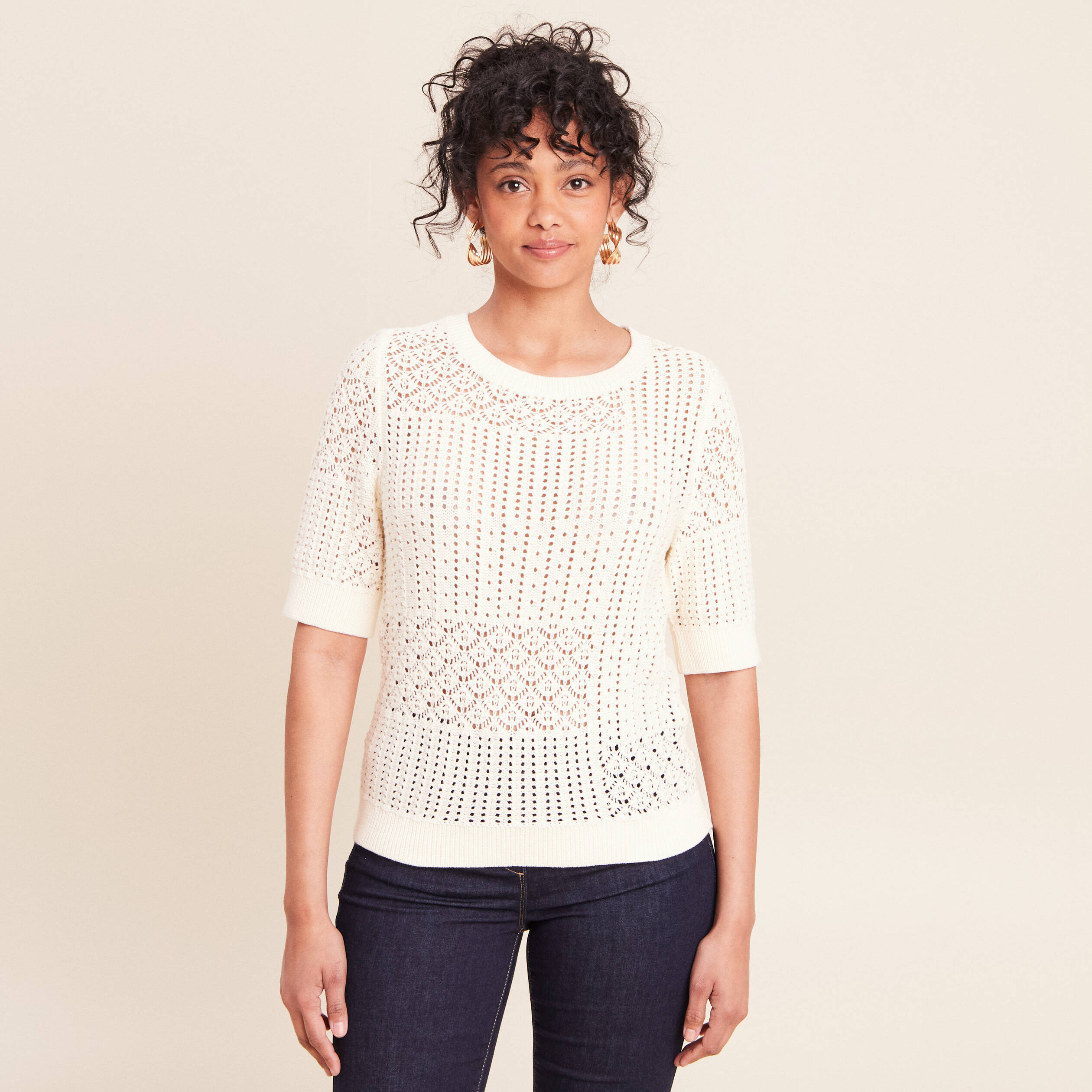 Pull ajour&eacute; col rond manches courtes ecru femme