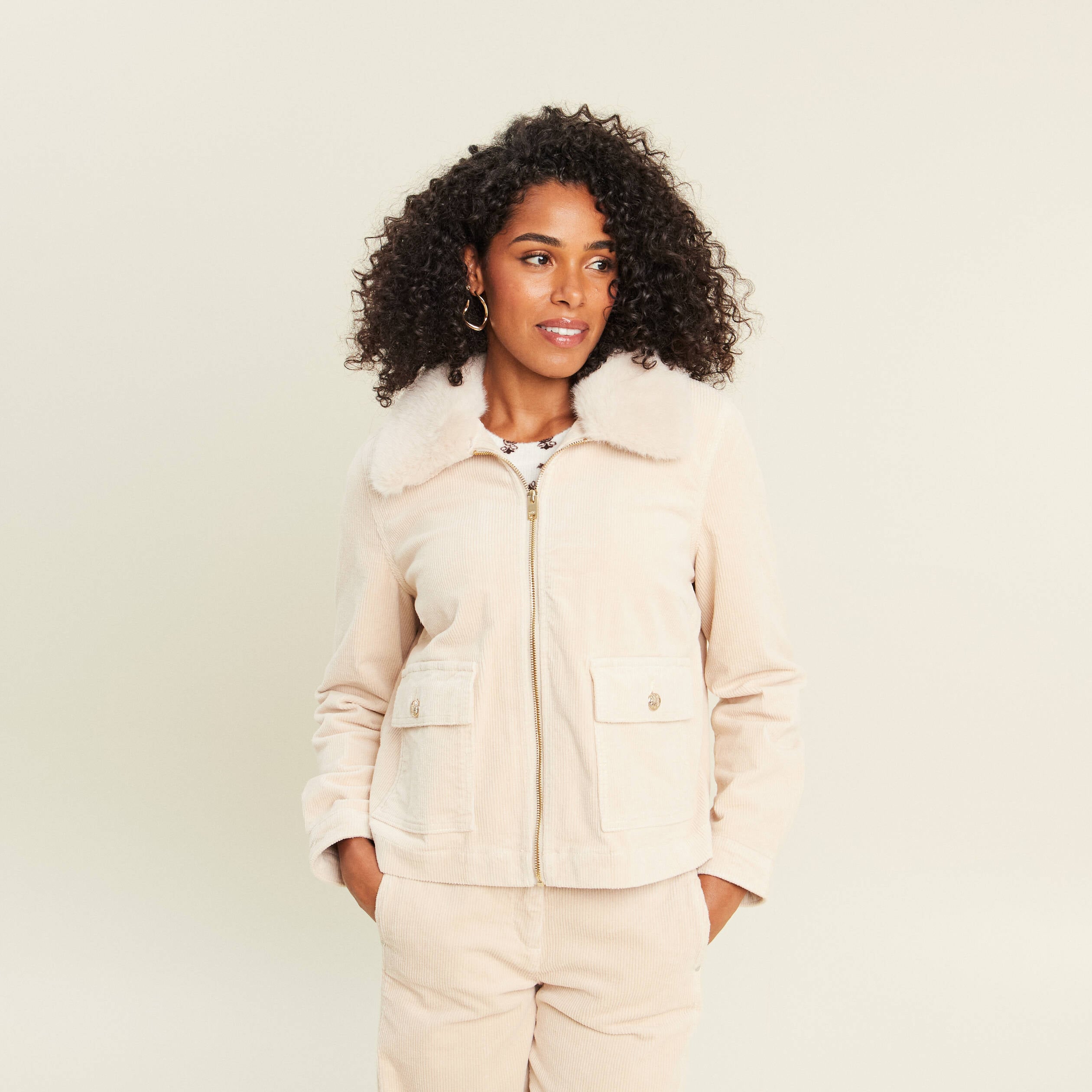 Blouson droit velours manches longues sable femme