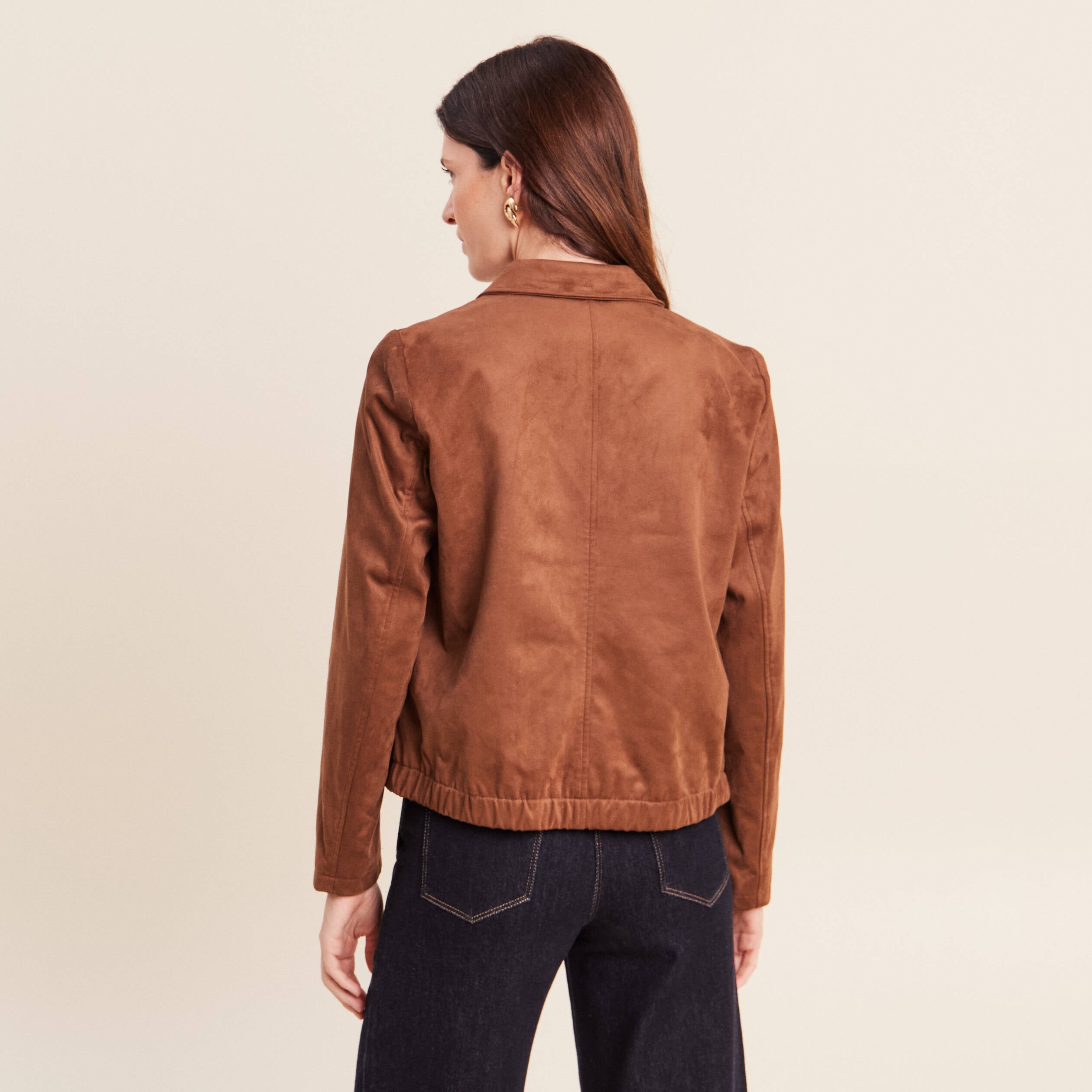 Veste courte doubl&eacute;e marron fonc&eacute; femme