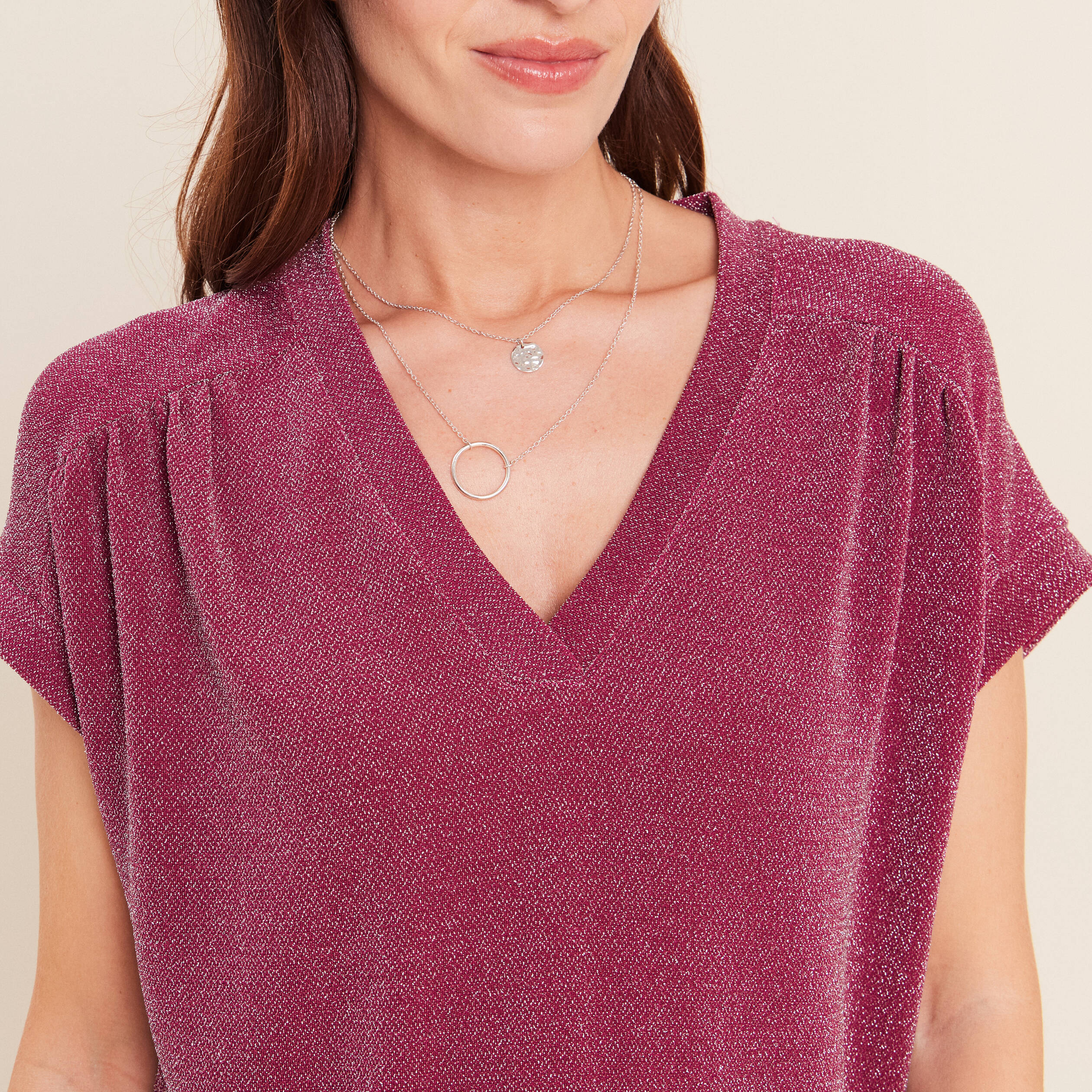 T-shirt manches courtes rouge fonc&eacute; femme