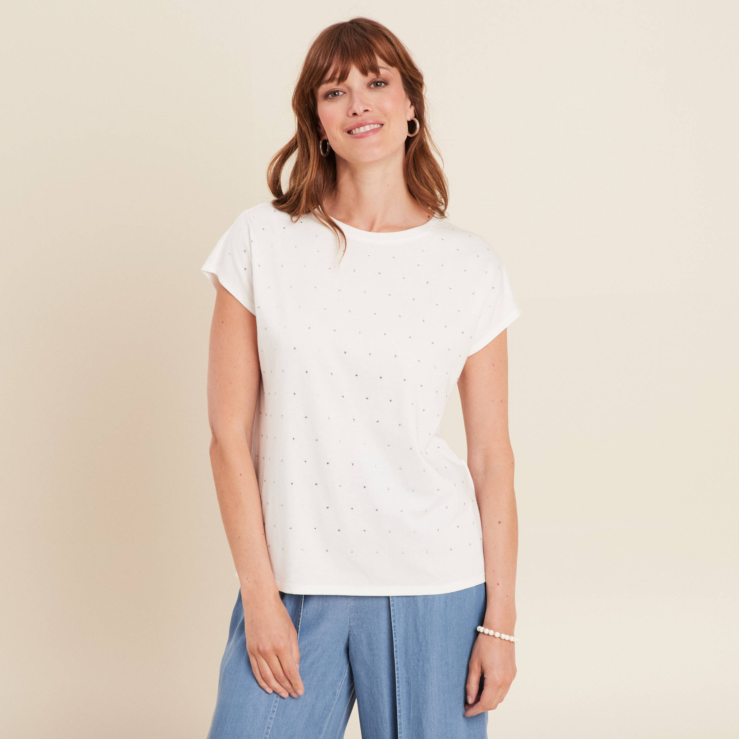 t shirt manches courtes strass ecru femme T-shirt manches courtes strass ecru femme