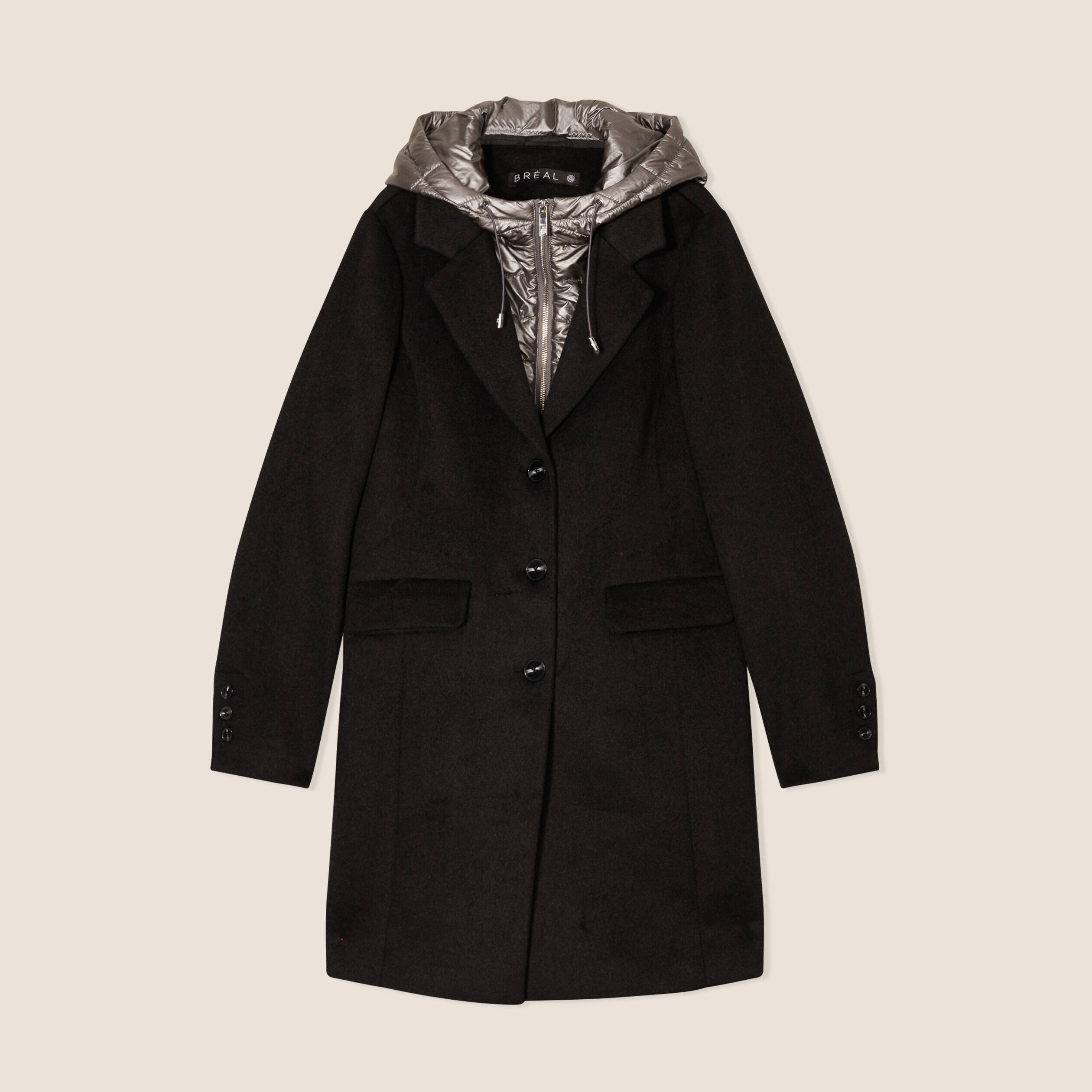 Manteau droit à capuche noir femme