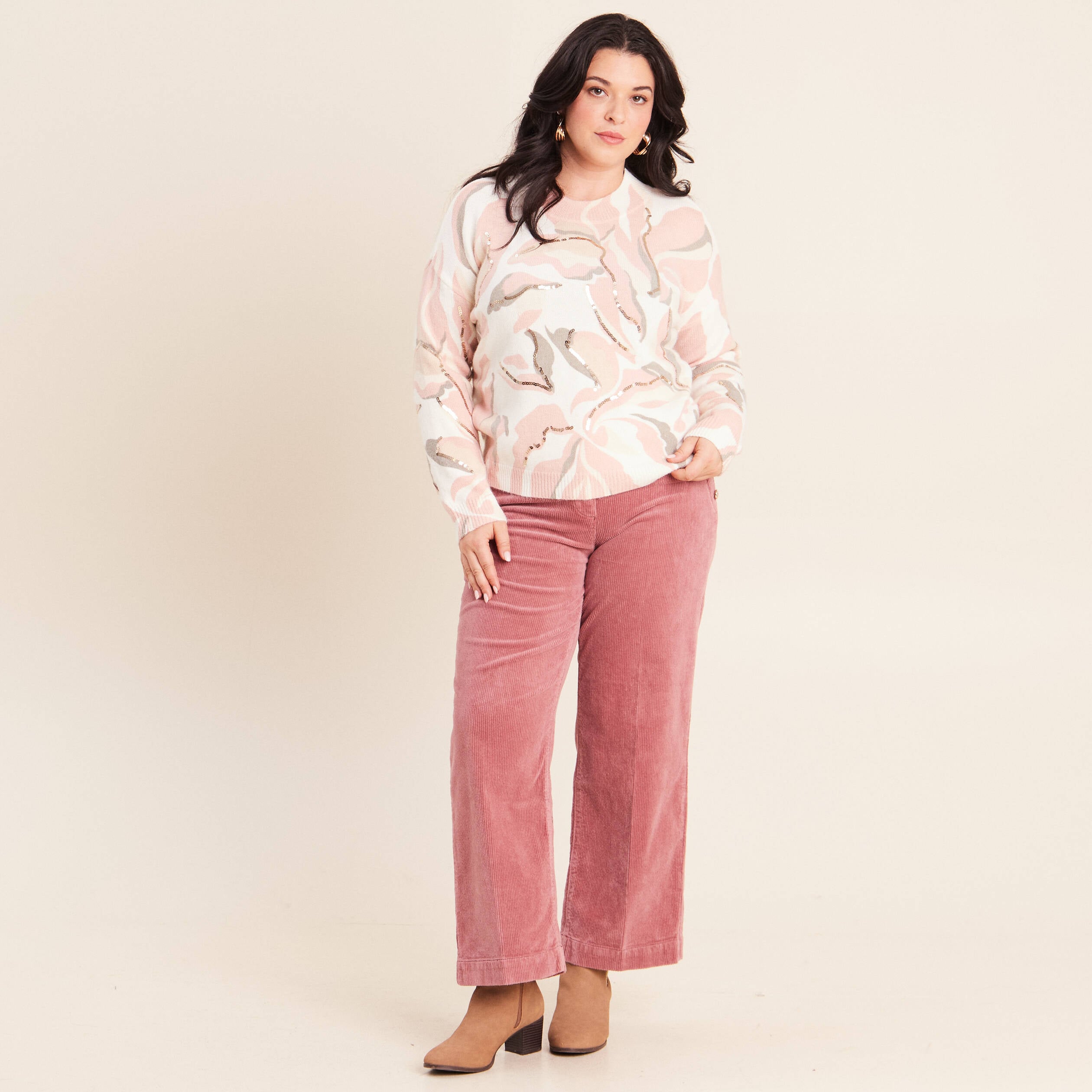 Pantalon large velours c&ocirc;tel&eacute; rose framboise femme