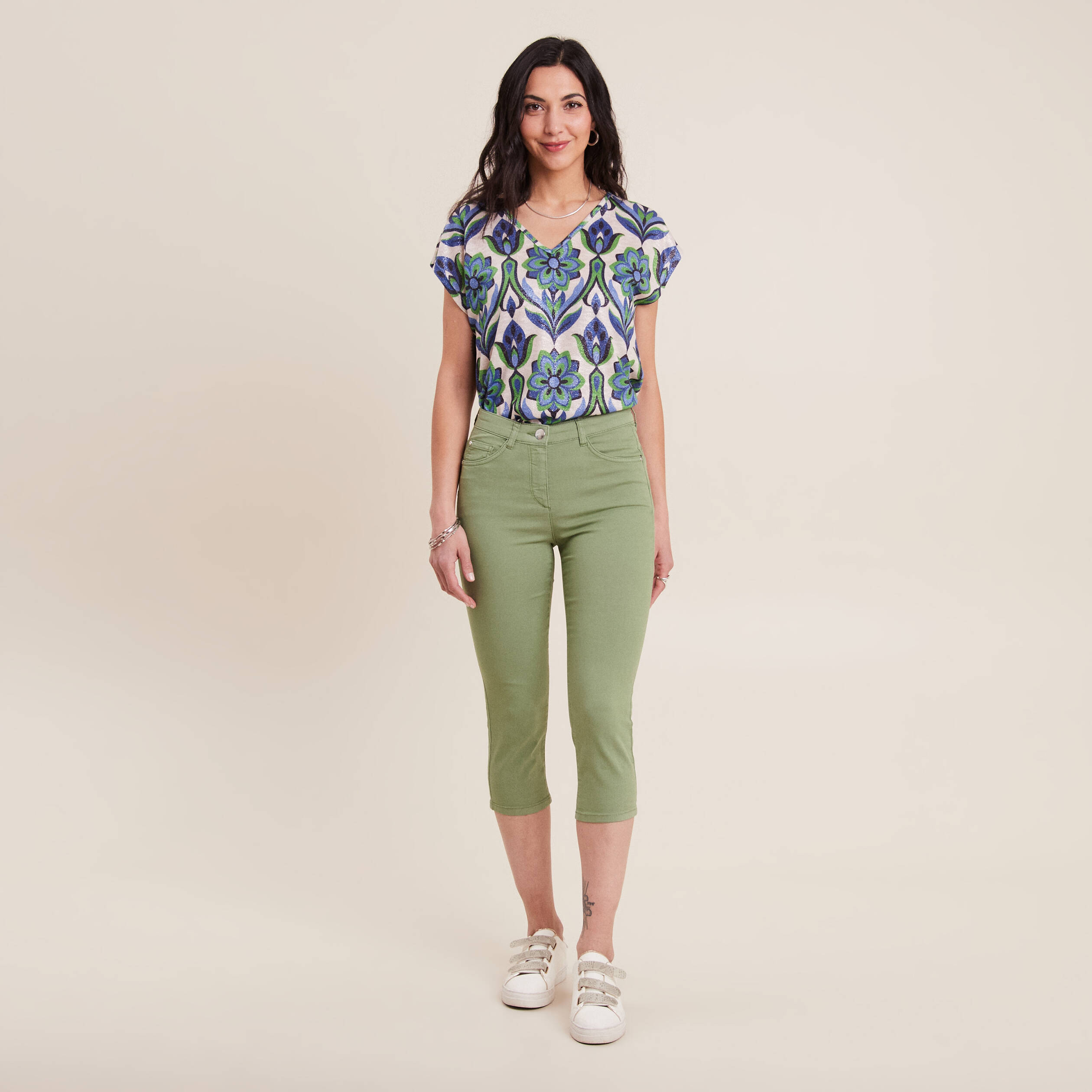 Pantacourt droit taille standard vert femme