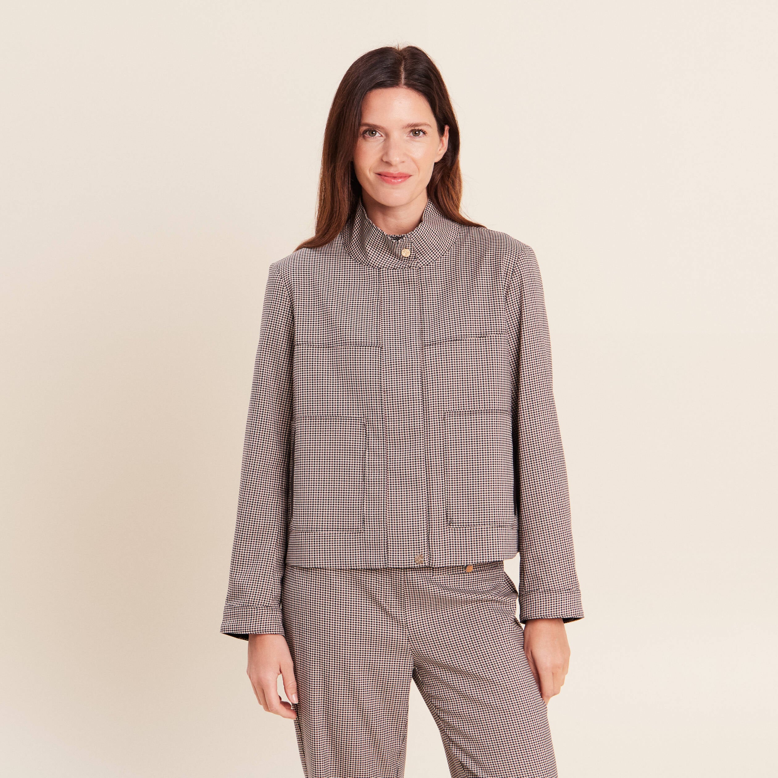 Veste col montant doubl&eacute;e marron femme