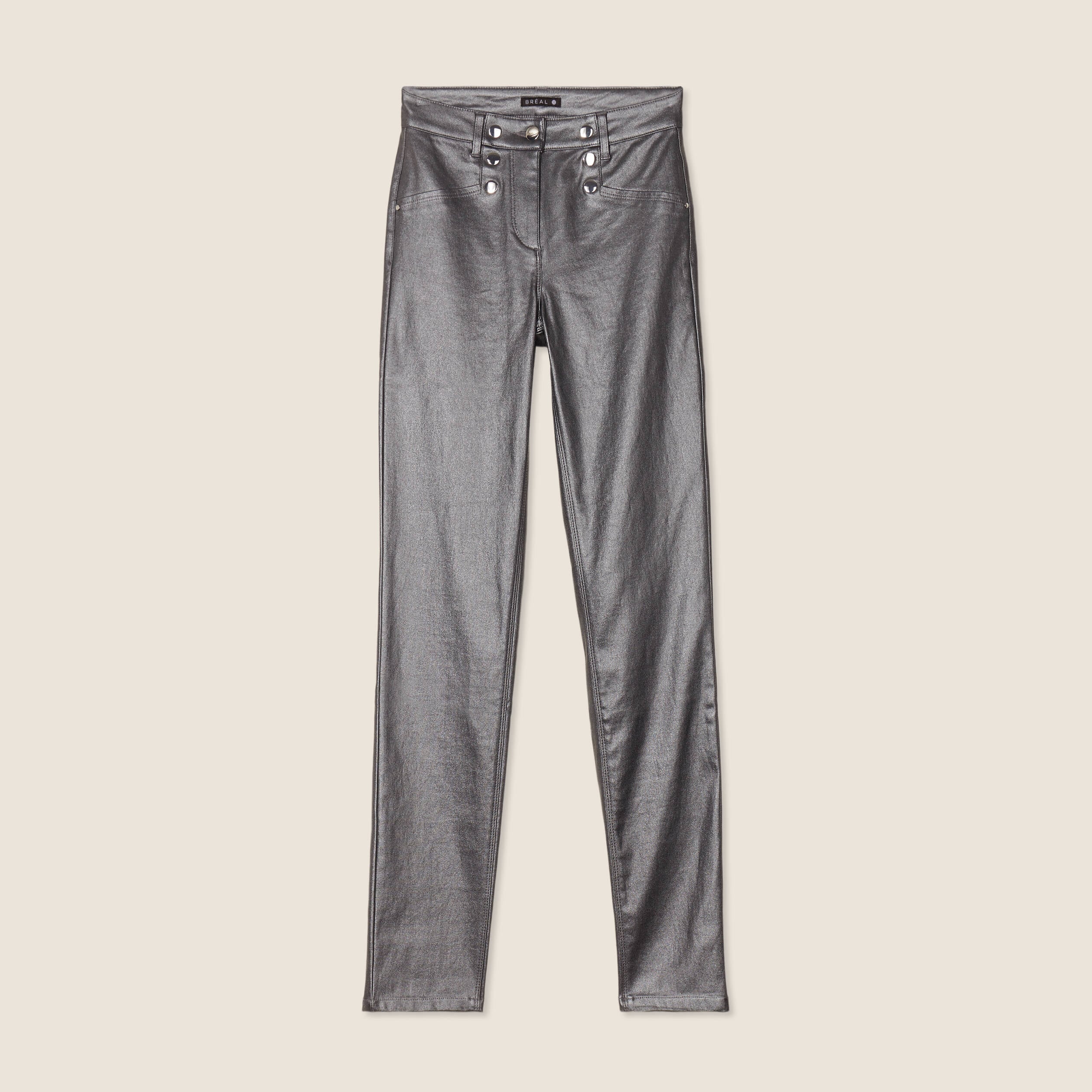 Pantalon ajust&eacute; enduit &agrave; pont couleur argent femme